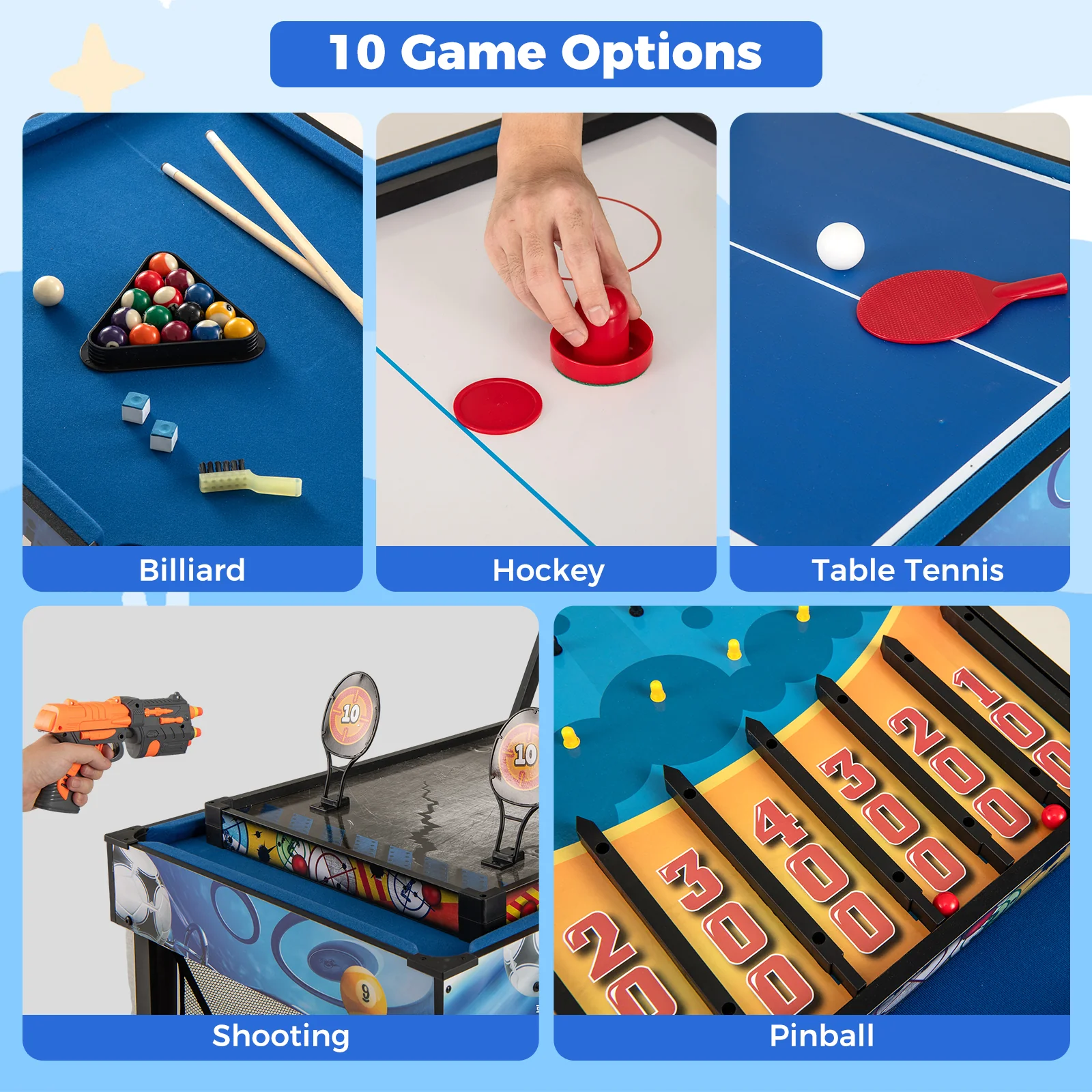 10-in-1 Combo Game Table Set with Table Tennis  Basketball  Soccer-Blue - Image 6