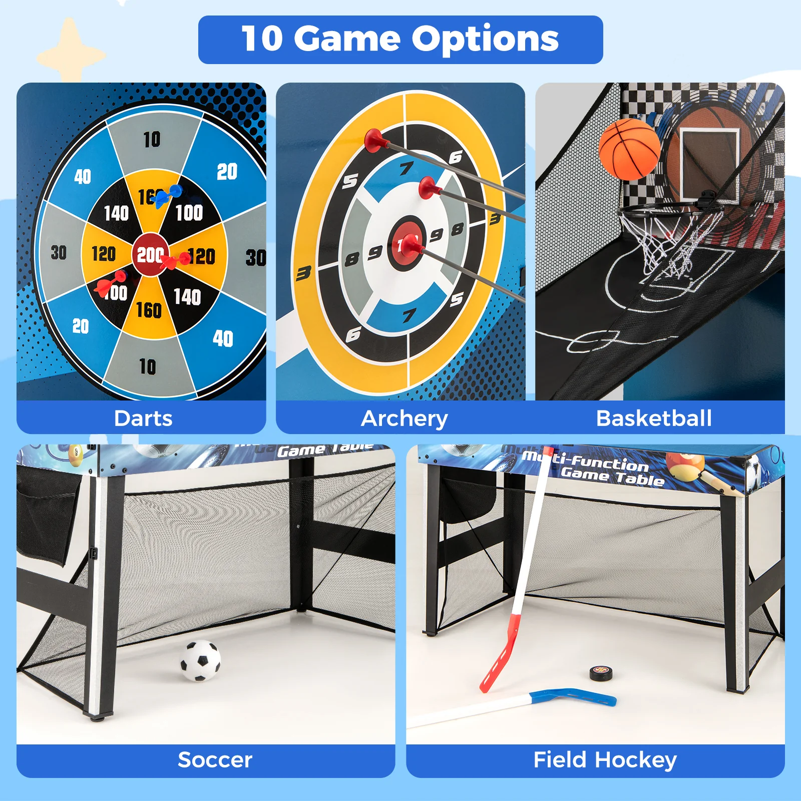 10-in-1 Combo Game Table Set with Table Tennis  Basketball  Soccer-Blue - Image 7