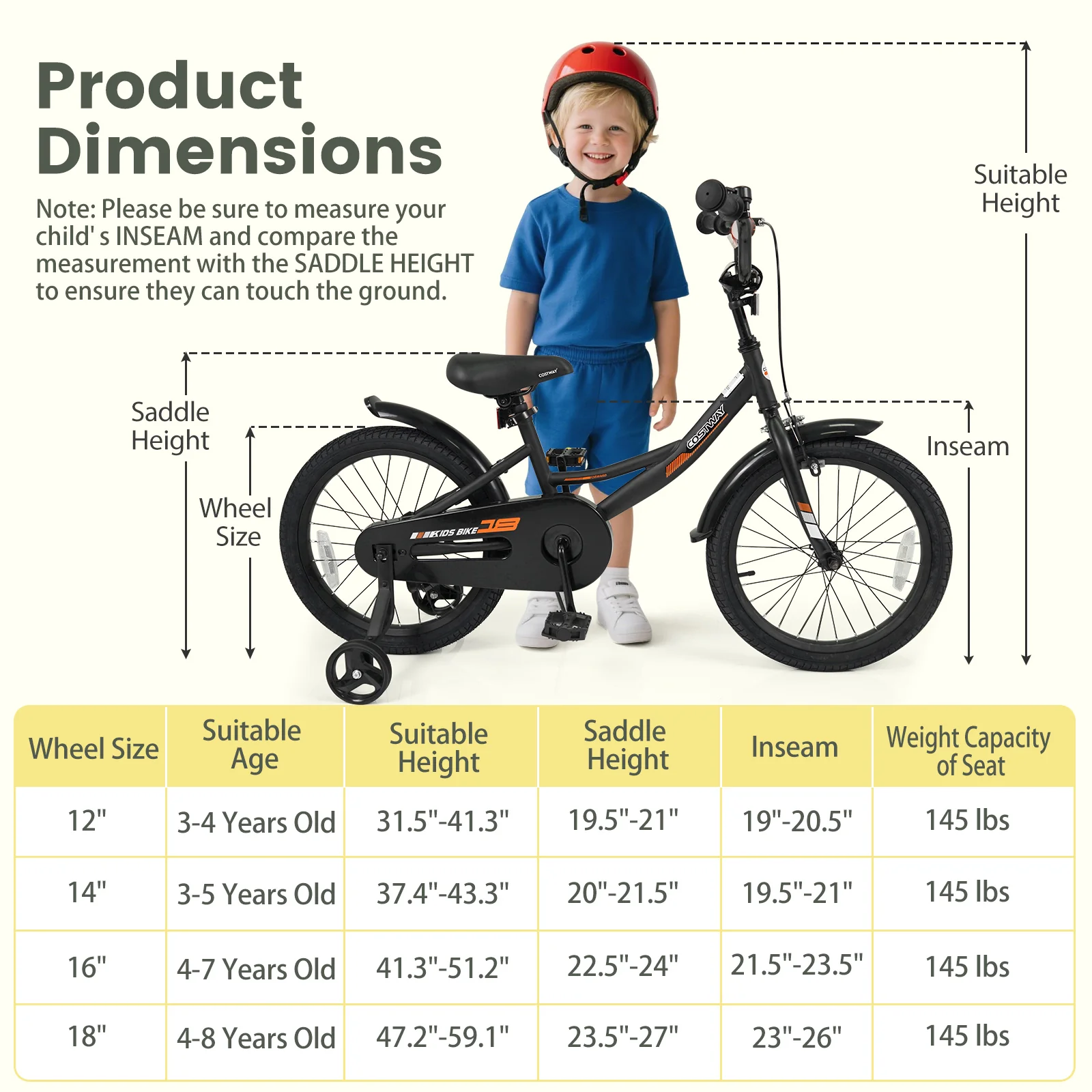 12/14/16/18 Inches Kids Bike with Removable Training Wheels and Adjustable Seatfor 3-8 Years Old Black - Image 20
