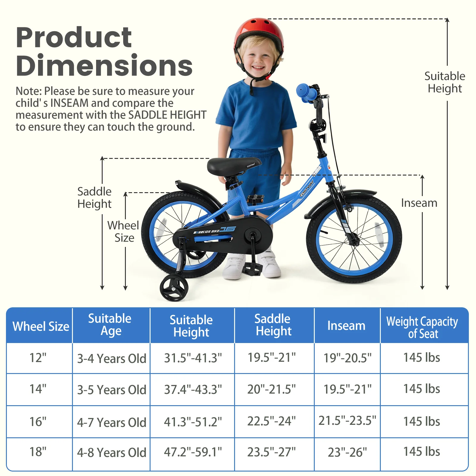 12/14/16/18 Inches Kids Bike with Removable Training Wheels and Adjustable Seatfor 3-8 Years Old Navy - Image 12