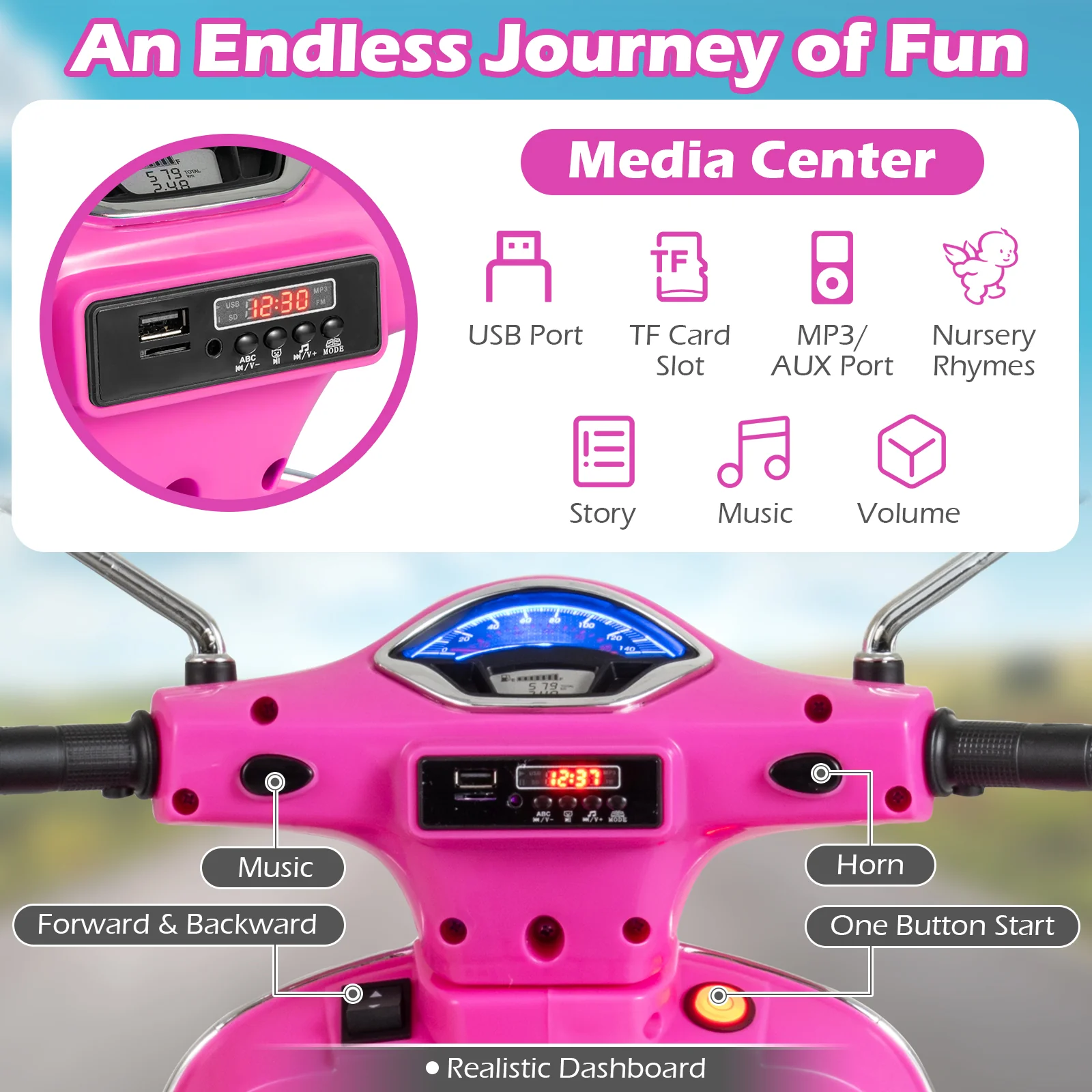 12V Kids Electric Motorcycle Licensed VESPA with Music and Training Wheels - Image 24