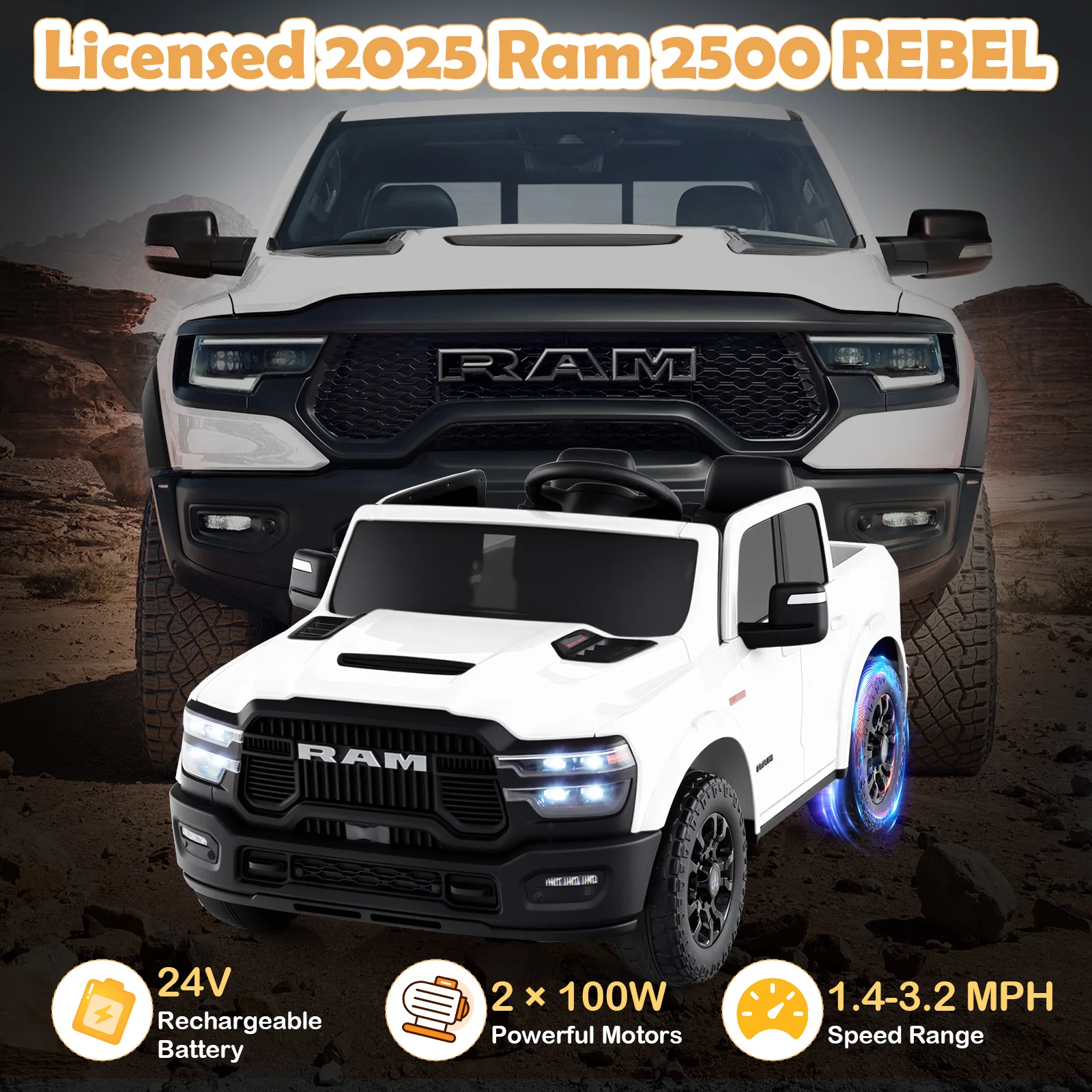 2 Seater 24V Ride on Toy for Big Kids Licensed Ram Truck with Remote and Music - Image 24