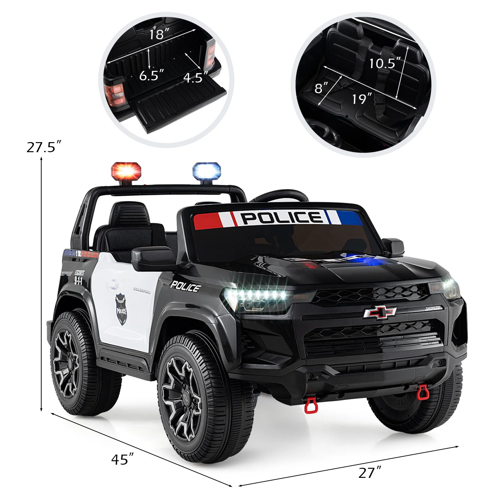 24V 2-Seater Ride on Police Car 4WD Chevrolet with Megaphone and LED Flashing Lights-Black - Image 4