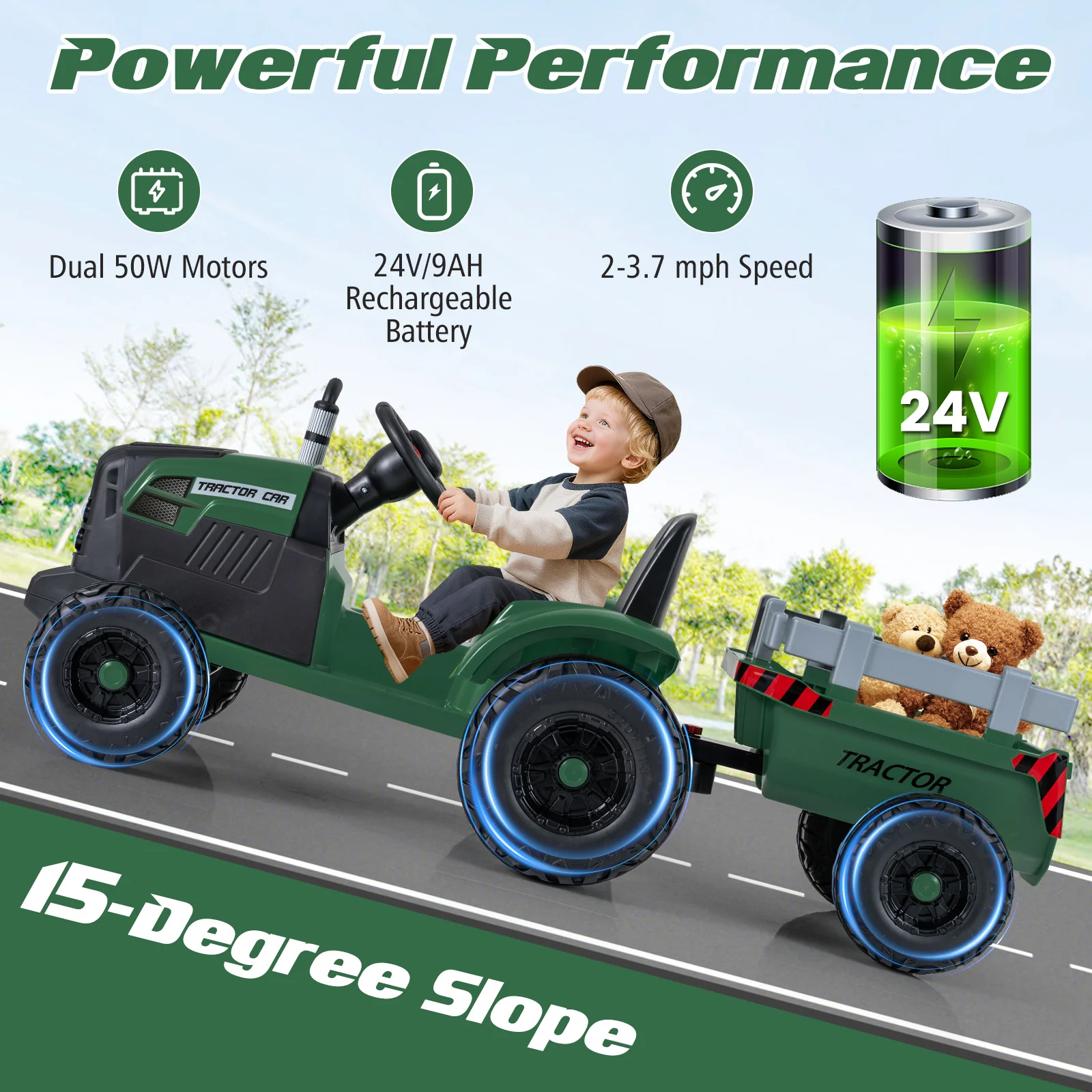 24V Ride On Tractor for Kids Electric Vehicle with Detachable Trailer and Remote Control - Image 14