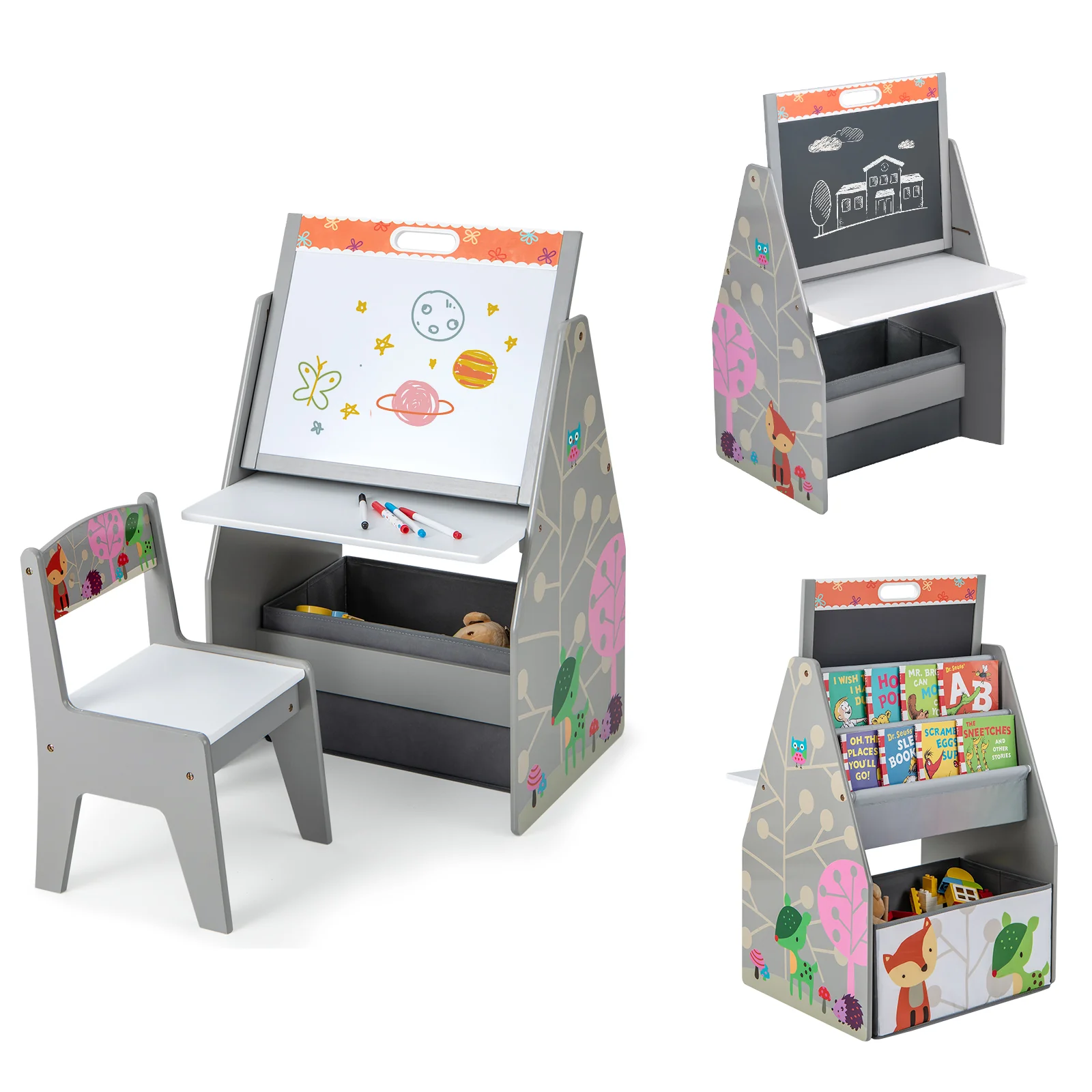 3 in 1 Kids Easel and Play Station Convertible with Chair and Storage Bins - Image 4
