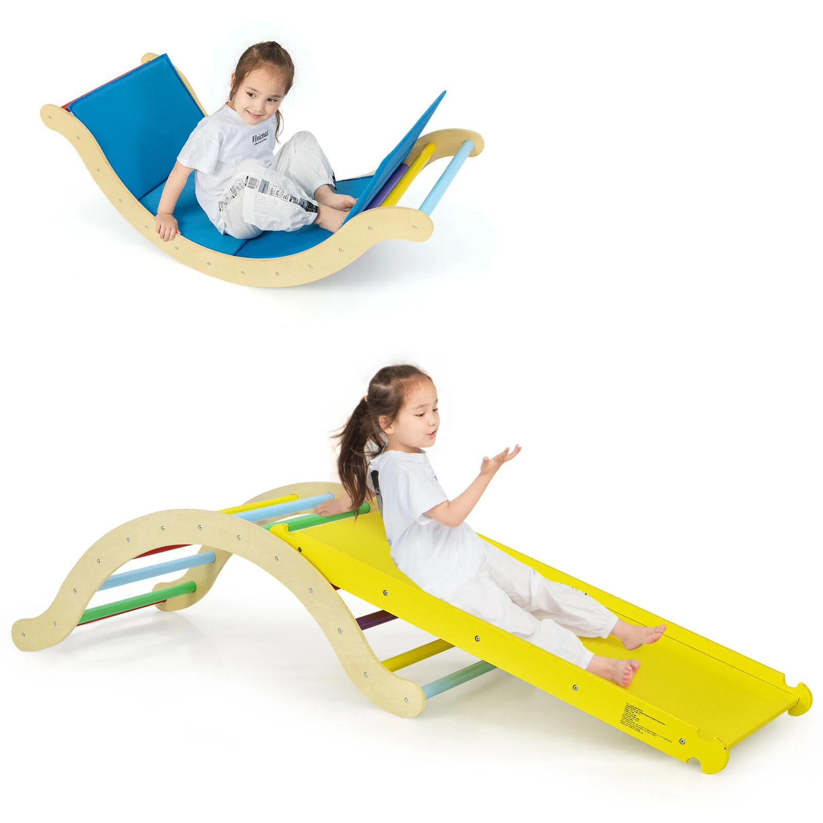 3-in-1 Kids Wooden Arch Triangle Rocker Climber Set with Ramp and Mat - Image 12