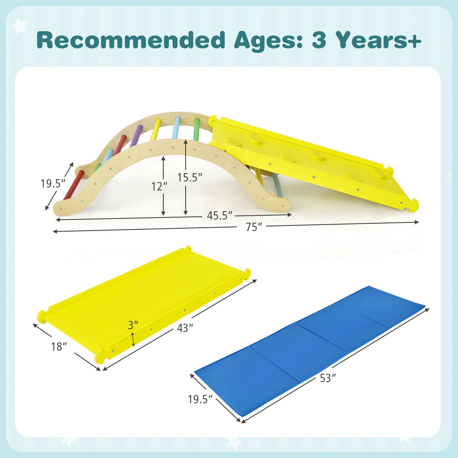 3-in-1 Kids Wooden Arch Triangle Rocker Climber Set with Ramp and Mat - Image 13