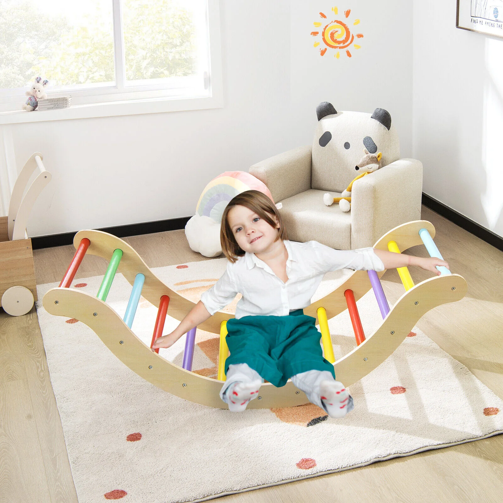 3-in-1 Kids Wooden Arch Triangle Rocker Climber Set with Ramp and Mat - Image 15