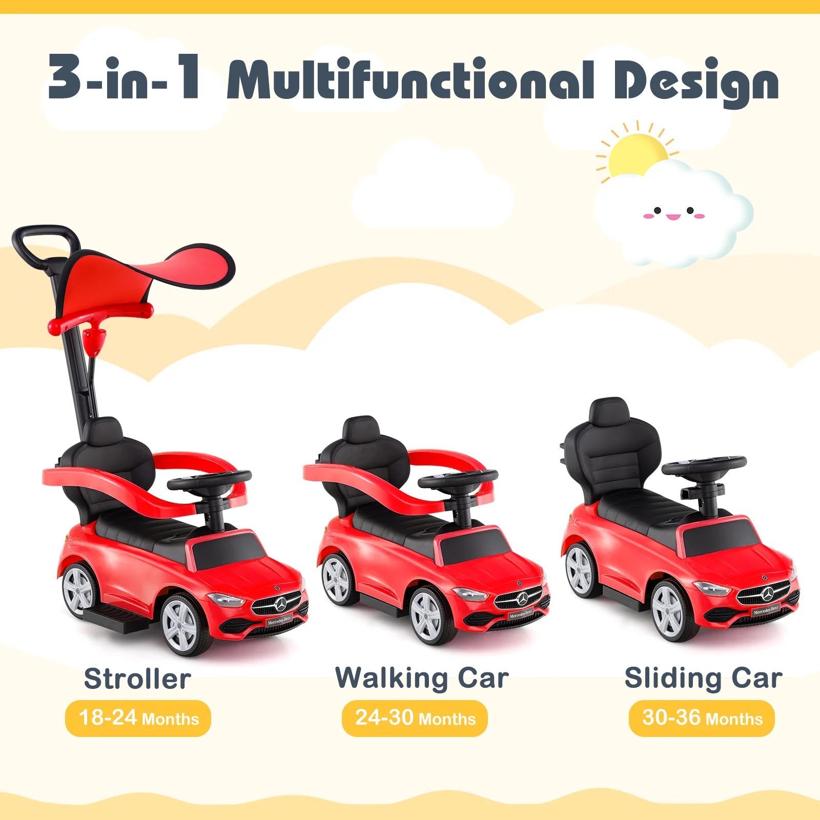 3-in-1 Ride on Push Car Mercedes-Benz Licensed Sliding Car with Canopy - Image 15