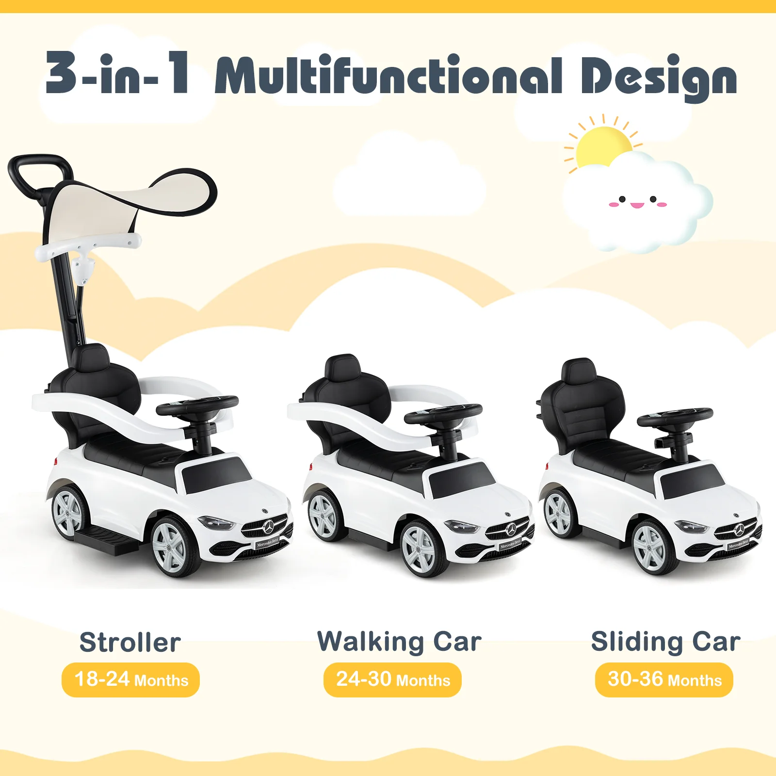 3-in-1 Ride on Push Car Mercedes-Benz Licensed Sliding Car with Canopy - Image 21
