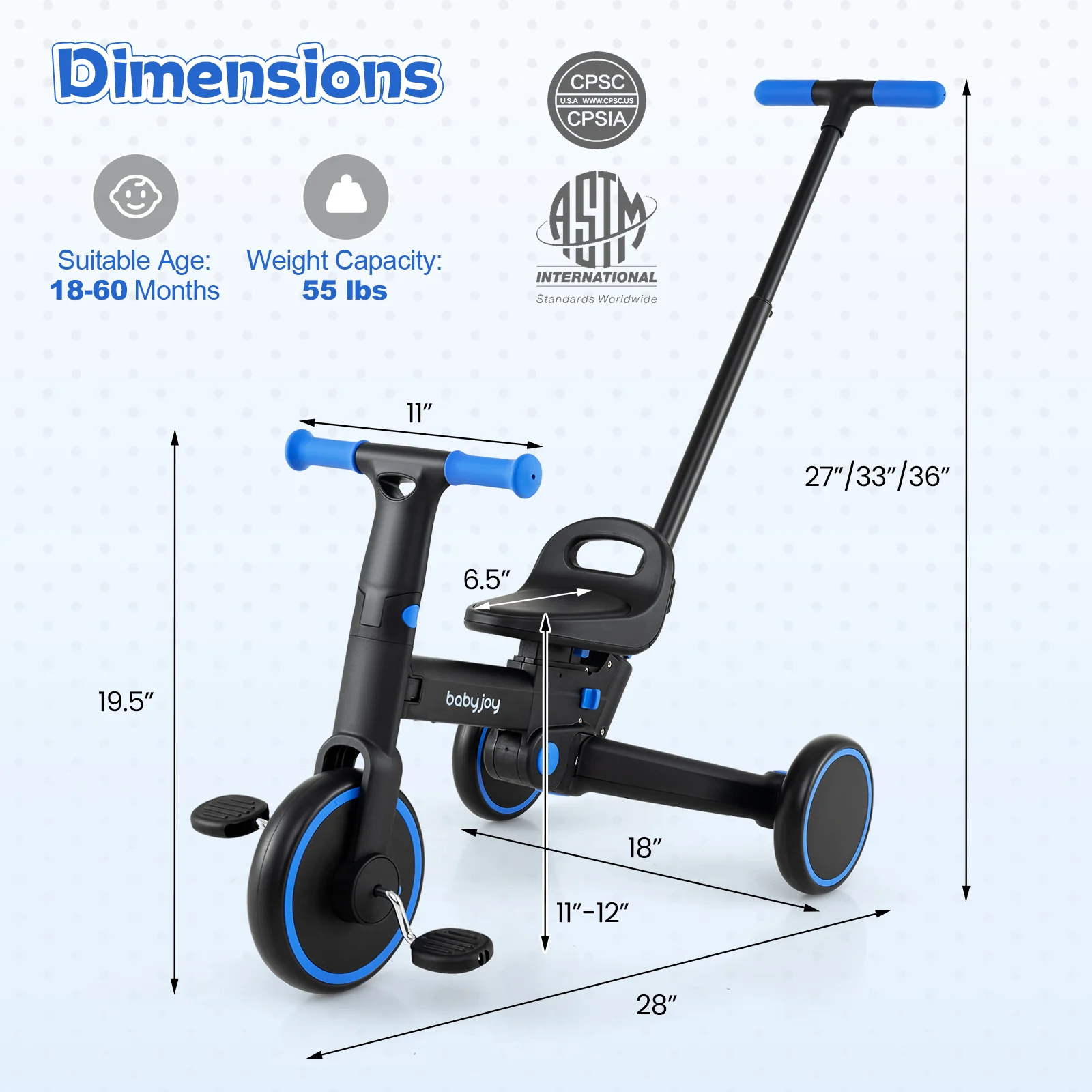 4-in-1 Foldable Toddler Tricycle with Push Handle with Adjustable Seat - Image 5