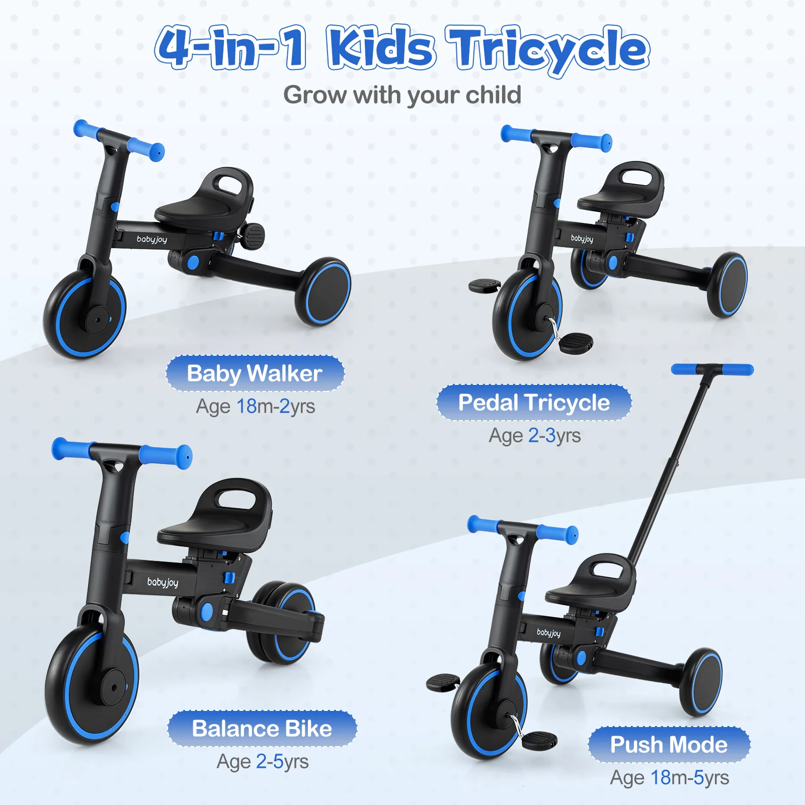 4-in-1 Foldable Toddler Tricycle with Push Handle with Adjustable Seat - Image 6