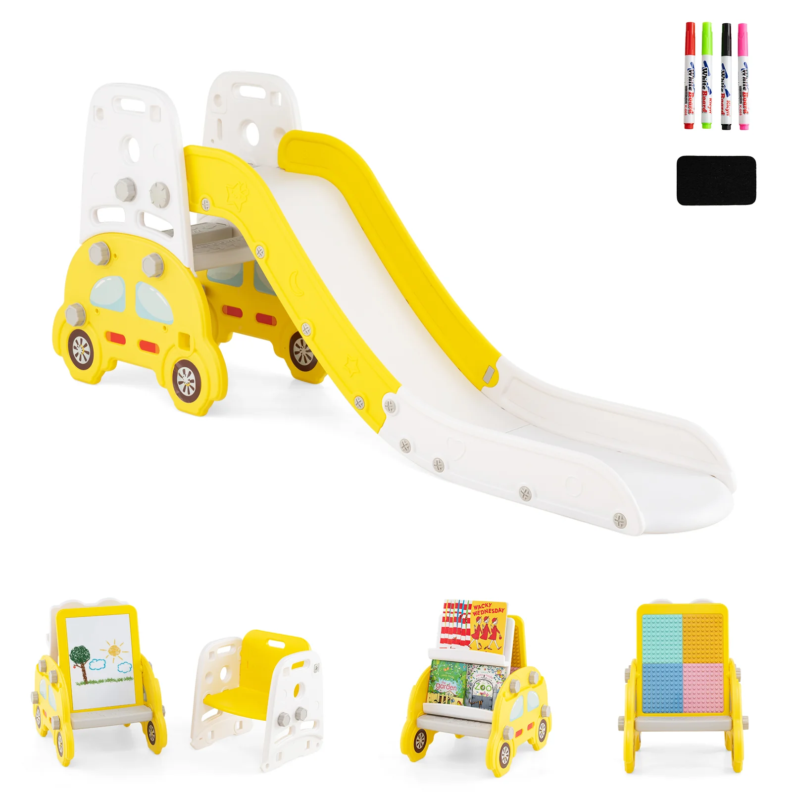 5 in 1 Convertible Toddler Slide Set Kids Art Easel with Stool and Book Rack - Image 11