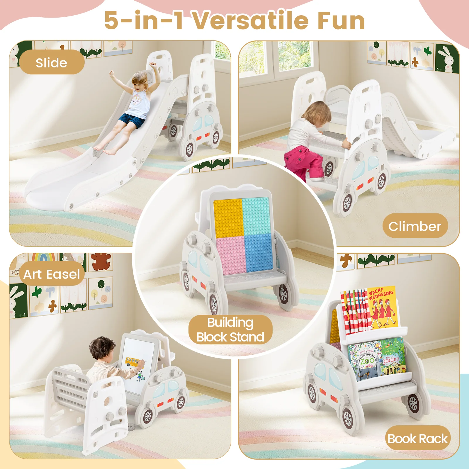 5 in 1 Convertible Toddler Slide Set Kids Art Easel with Stool and Book Rack - Image 6