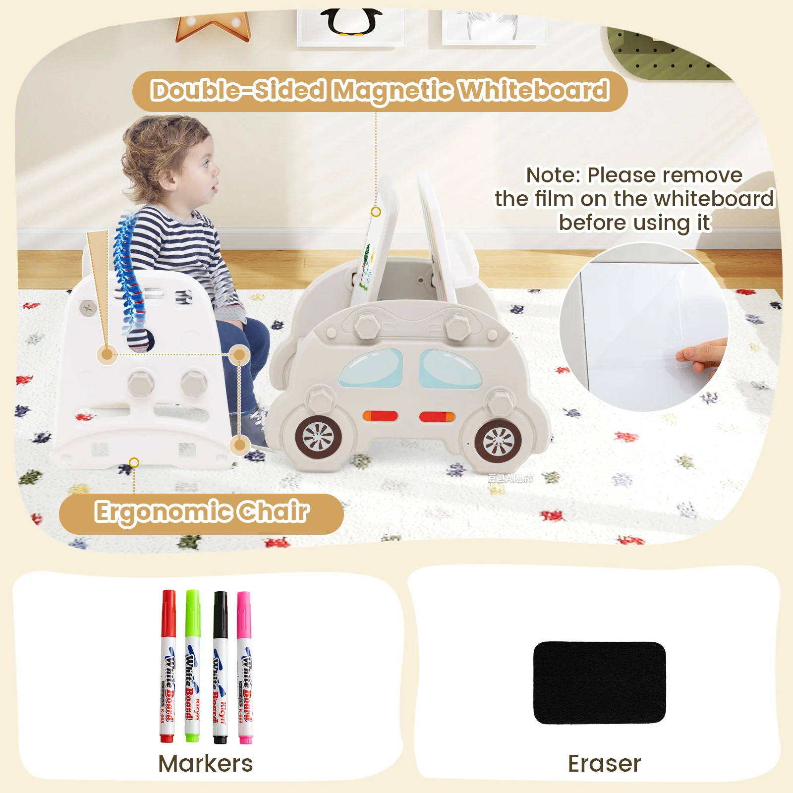 5 in 1 Convertible Toddler Slide Set Kids Art Easel with Stool and Book Rack - Image 7