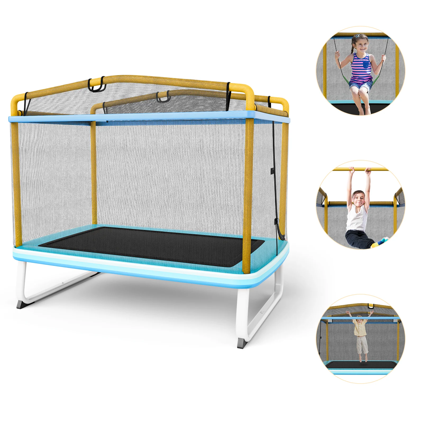 6 Feet Rectangle Trampoline with Swing Horizontal Bar and Safety Net - Image 11