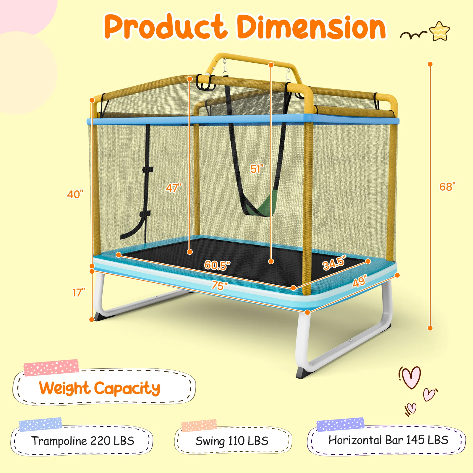 6 Feet Rectangle Trampoline with Swing Horizontal Bar and Safety Net - Image 12