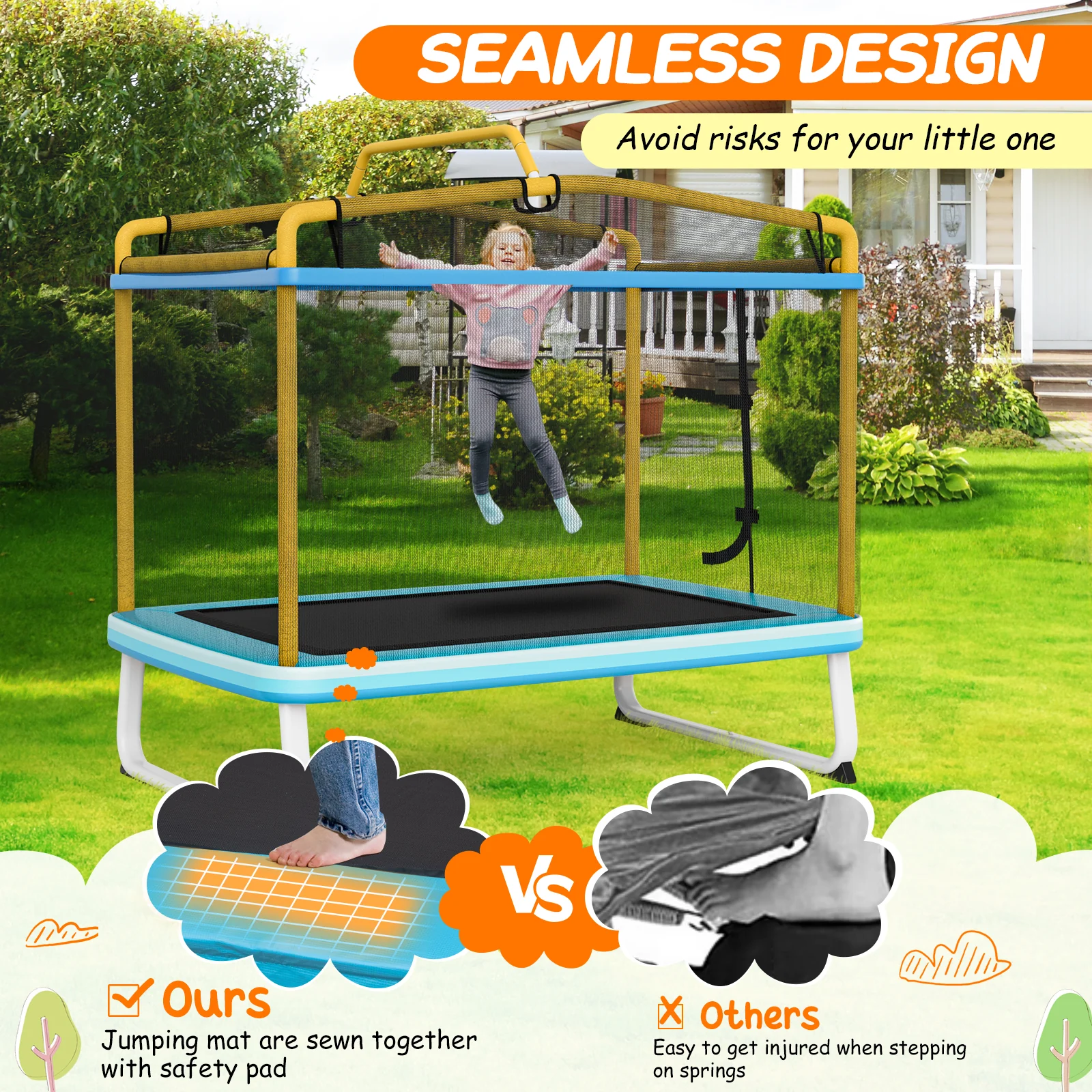 6 Feet Rectangle Trampoline with Swing Horizontal Bar and Safety Net - Image 13