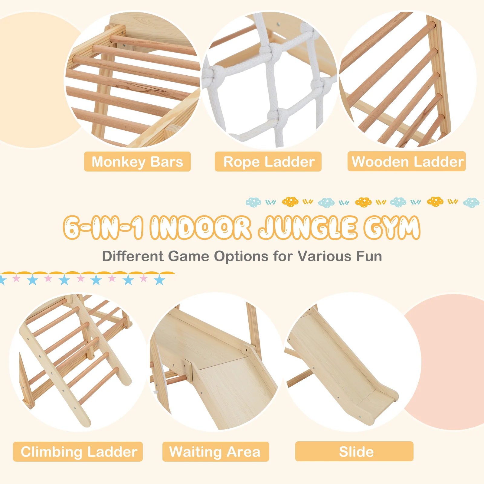 6-in-1 Indoor Jungle Gym Kids Wooden Playground with Monkey Bars - Image 15