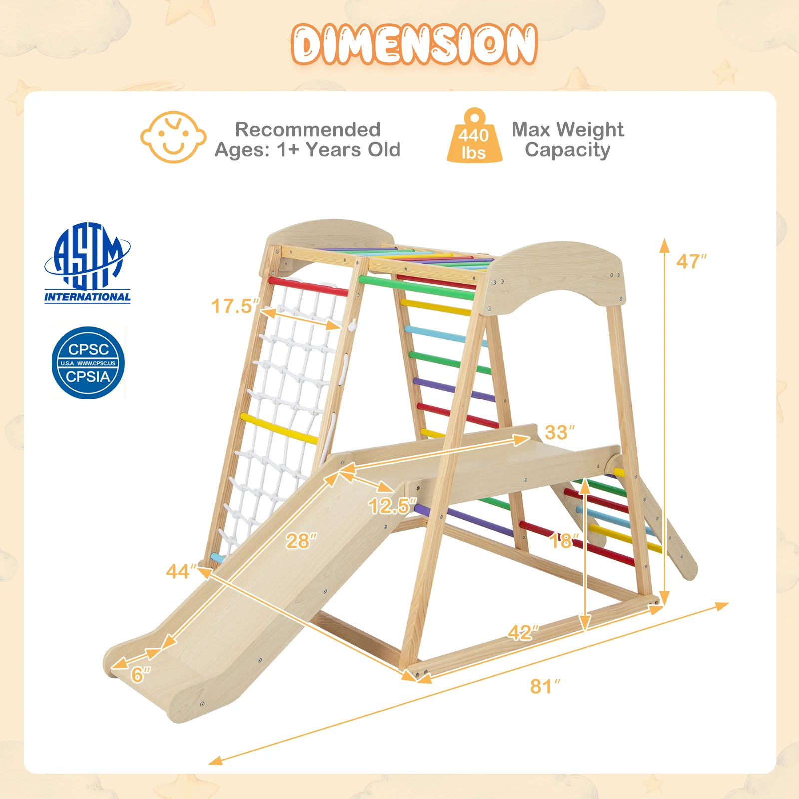 6-in-1 Indoor Jungle Gym Kids Wooden Playground with Monkey Bars - Image 5