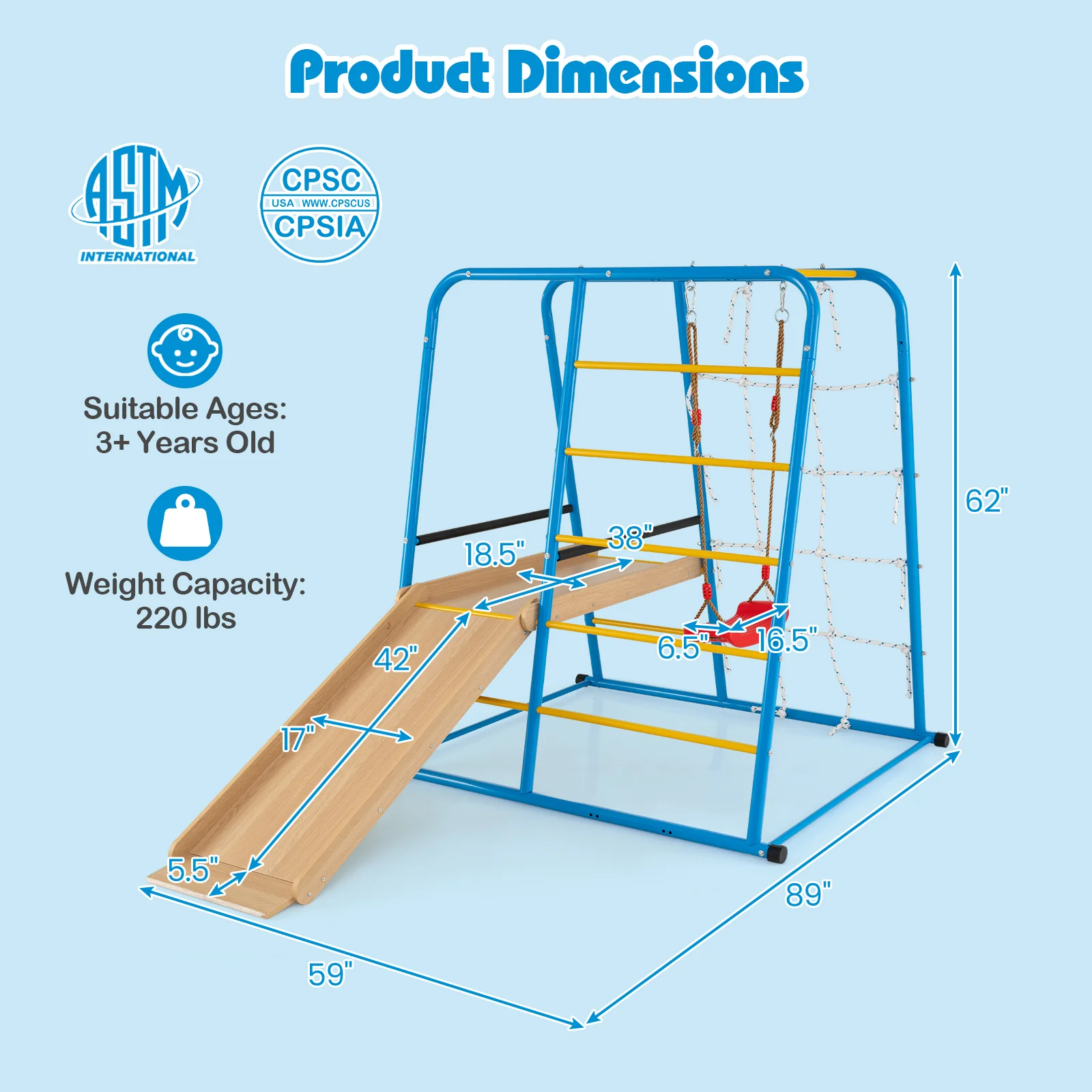 6-in-1 Indoor Jungle Gym with Slide for Boys and Girls 3+ Years Old-Blue - Image 4