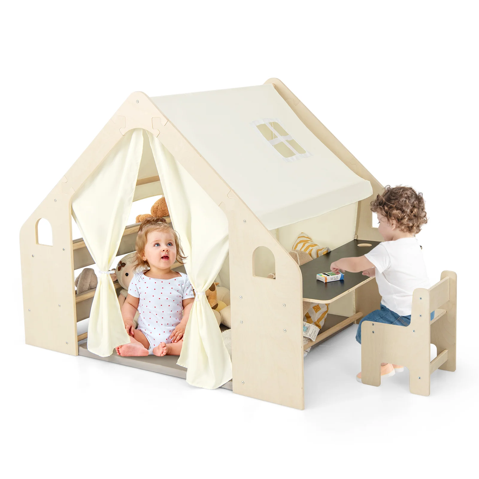 6-in-1 Kids Play Tent Playhouse with Blackboard 6 Storage Bins and Floor Cushion-Beige - Image 4