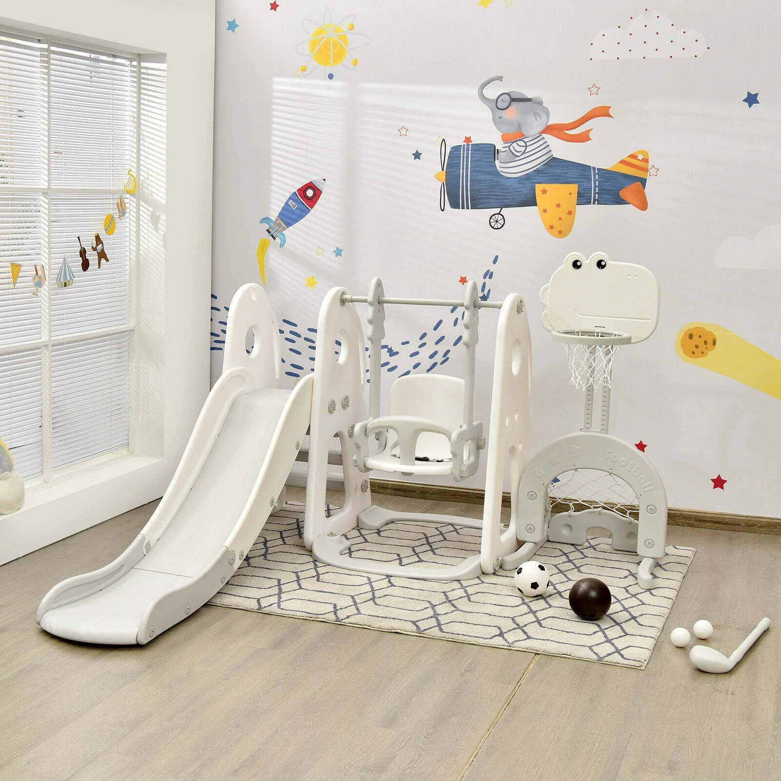 6 in 1 Toddler Slide and Swing Set with Ball Games - Image 13
