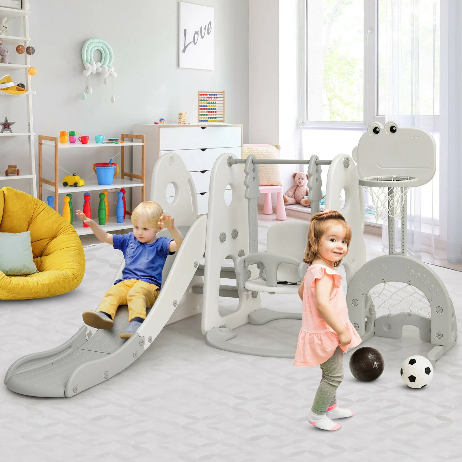 6 in 1 Toddler Slide and Swing Set with Ball Games - Image 9