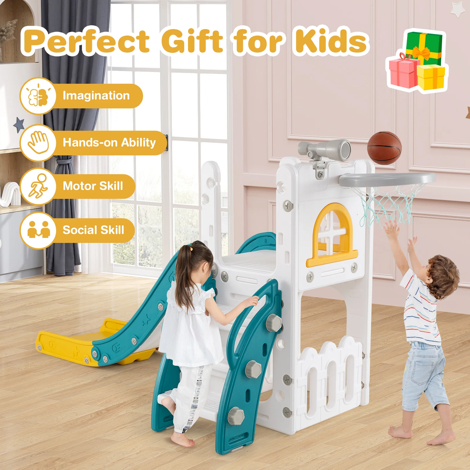 6-in-1 Toddler Slide L-shaped Playground with Basketball Hoop and Ladder - Image 21