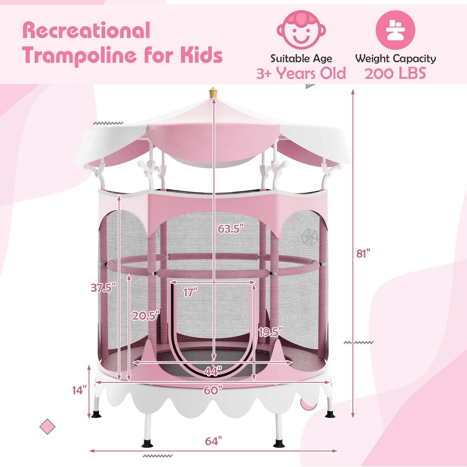 64 Inch Kids Trampoline with Detachable Canopy and Safety Enclosure Net - Image 12