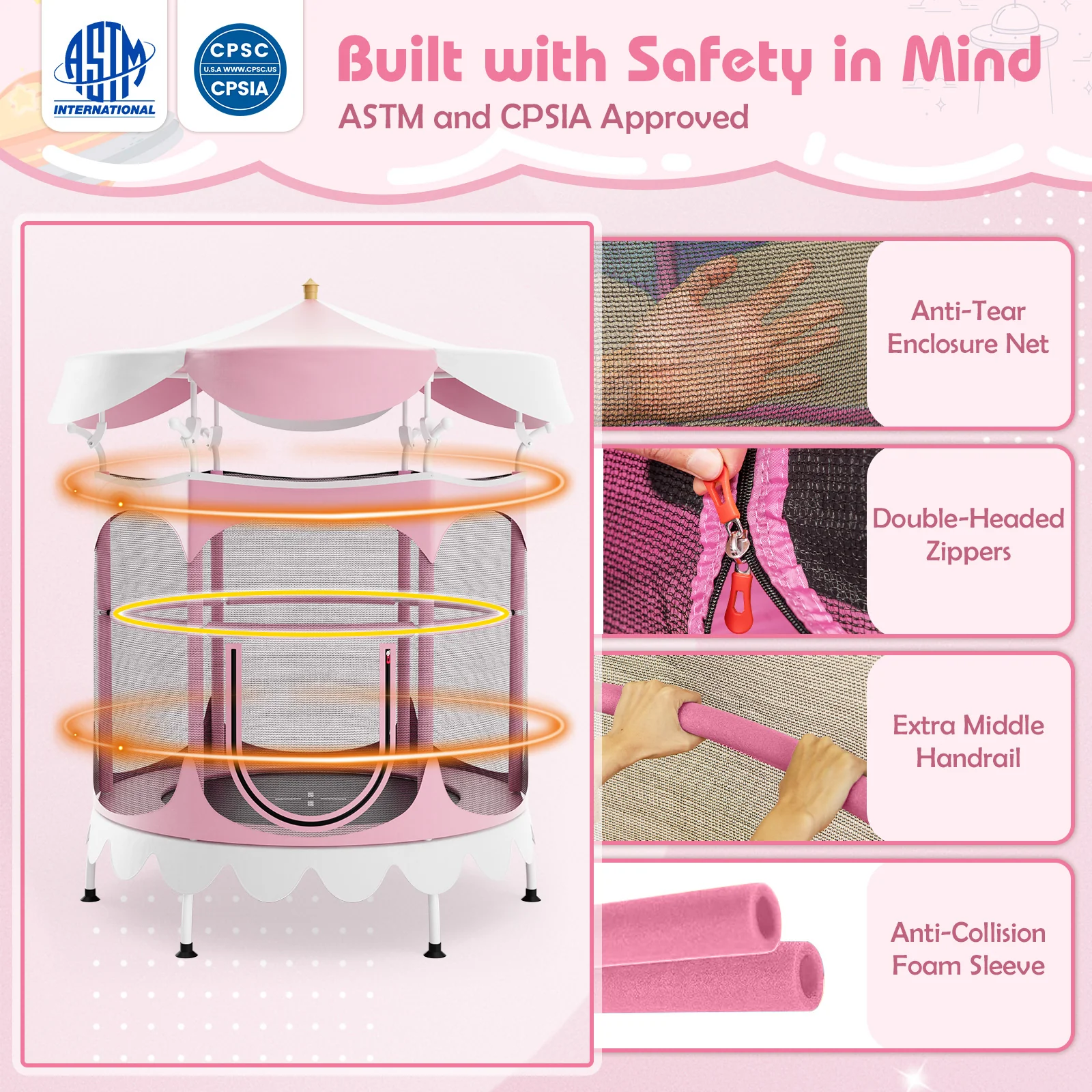 64 Inch Kids Trampoline with Detachable Canopy and Safety Enclosure Net - Image 9
