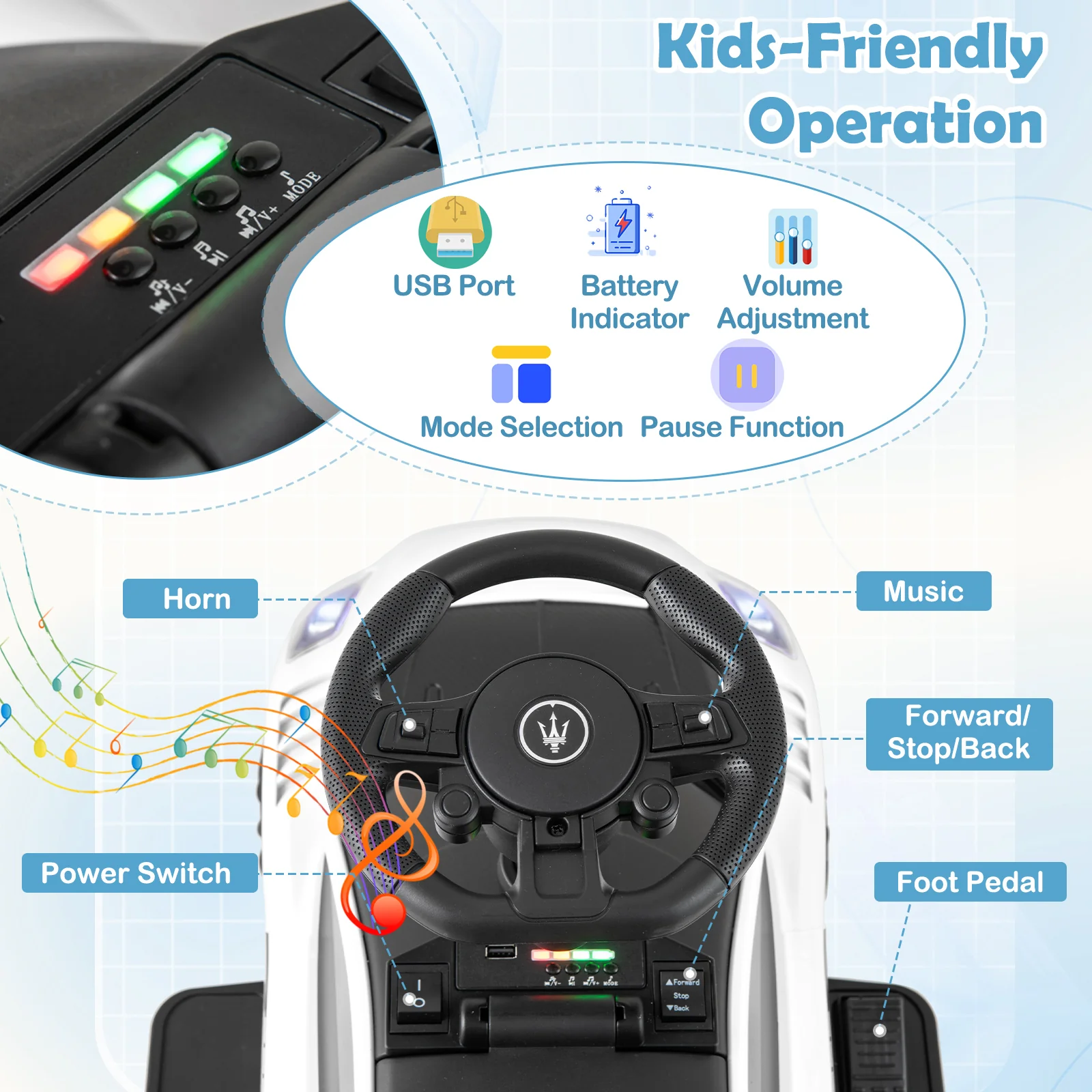 6V Electric Kids Ride on Push Car Maserati Licensed with Foot Pedal and Music - Image 15