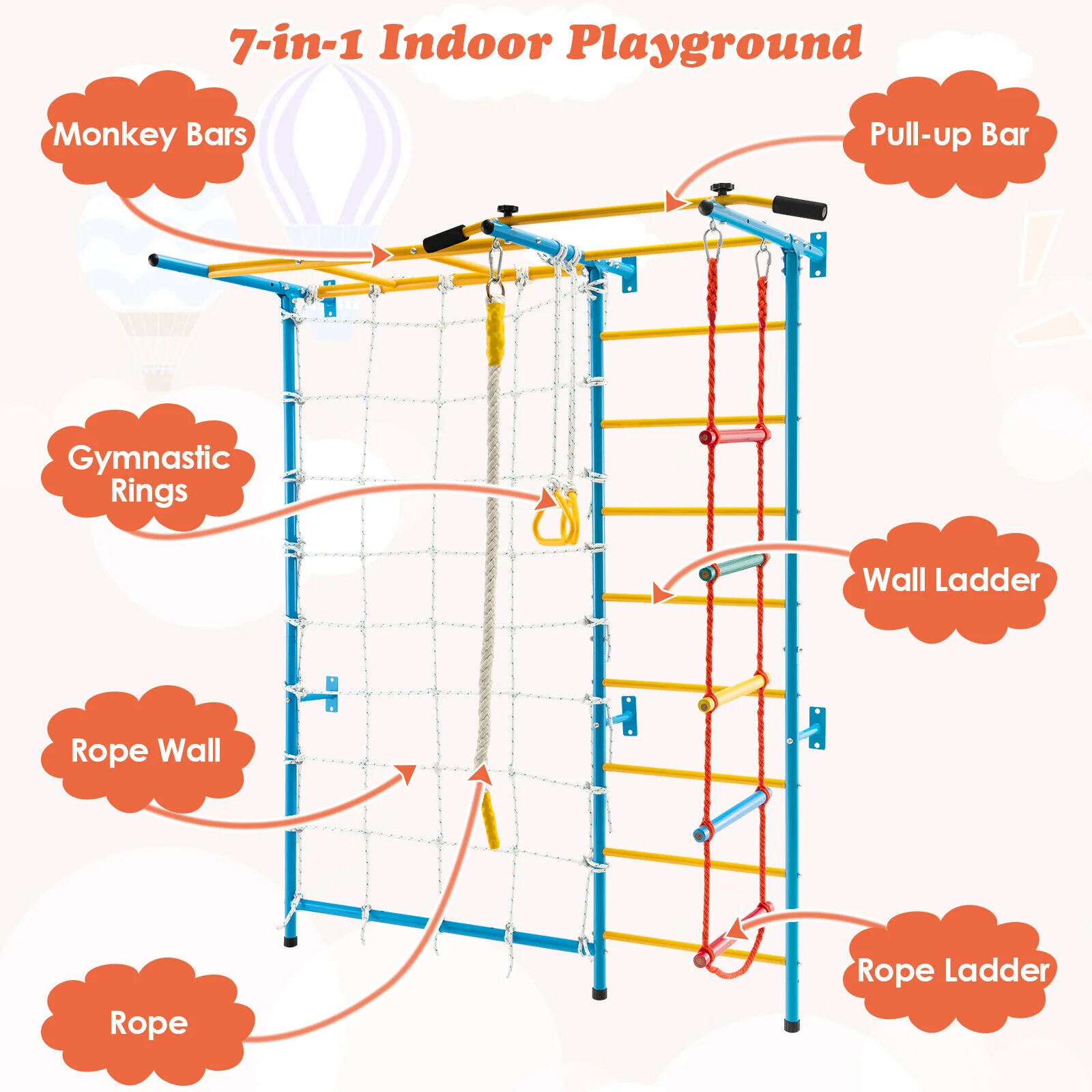 7 In 1 Kids Indoor Gym Playground Swedish Wall Ladder for Solid Wall-Yellow - Image 7