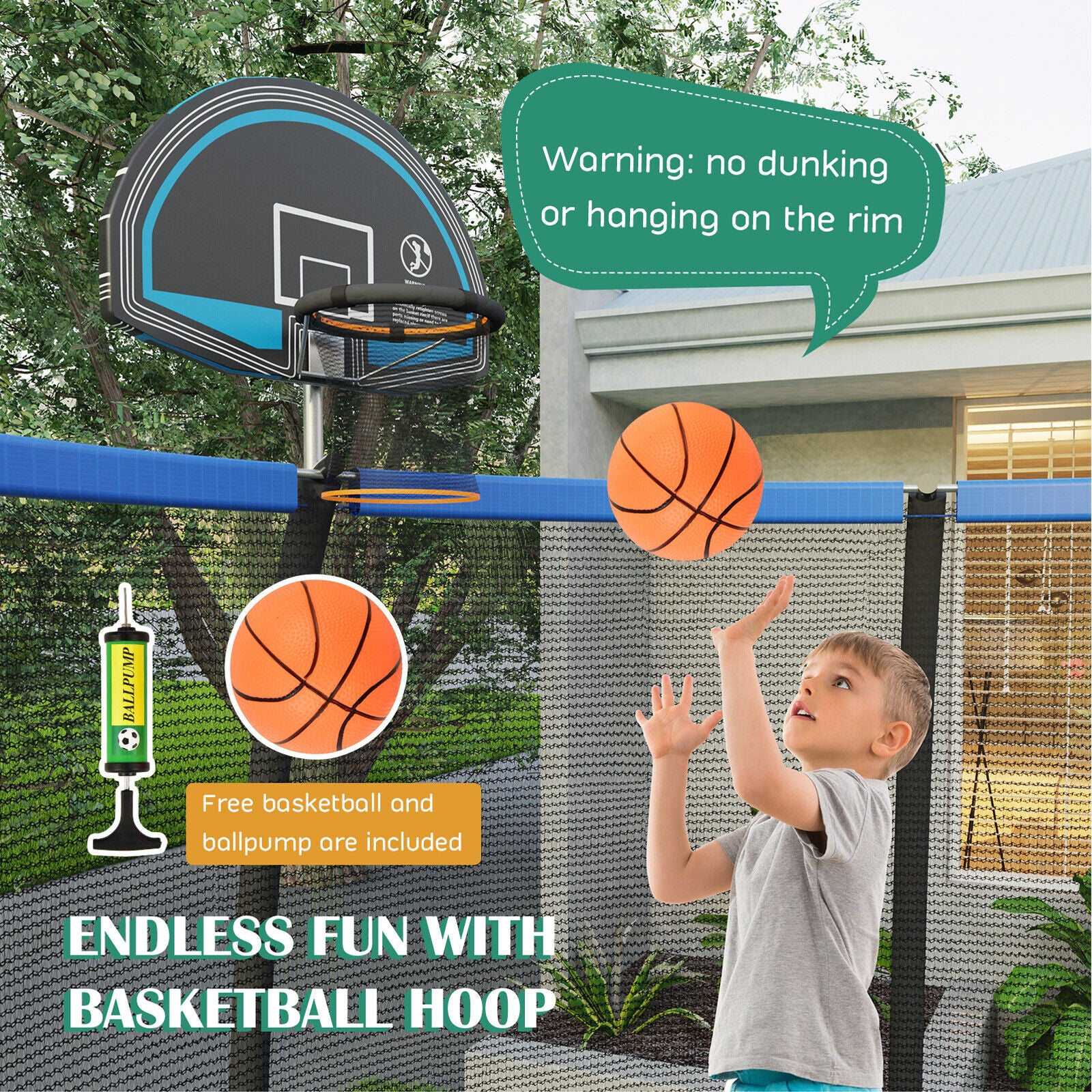 8 Feet Recreational Trampoline with Basketball Hoop and Net Ladder - Image 17