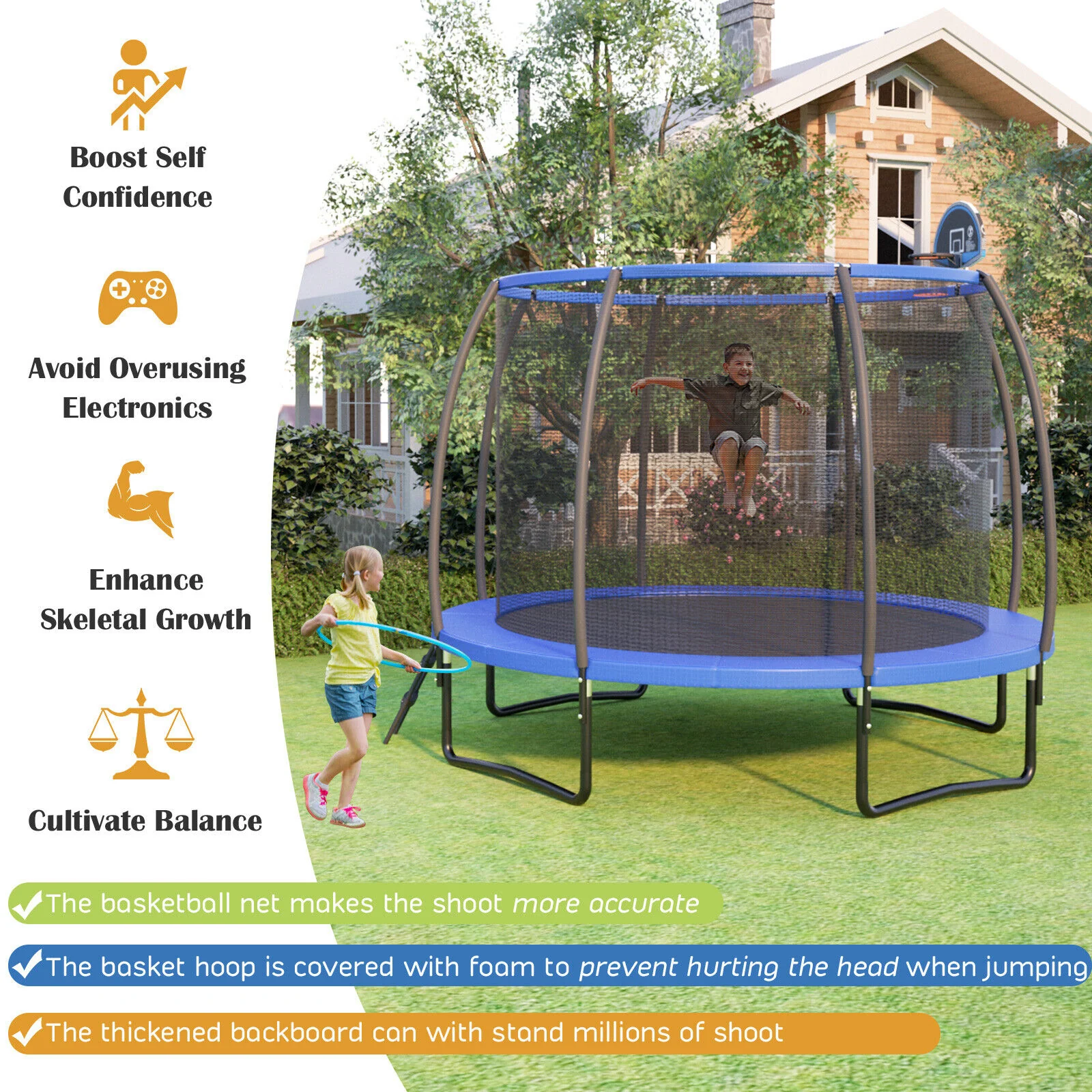 8 Feet Recreational Trampoline with Basketball Hoop and Net Ladder - Image 18