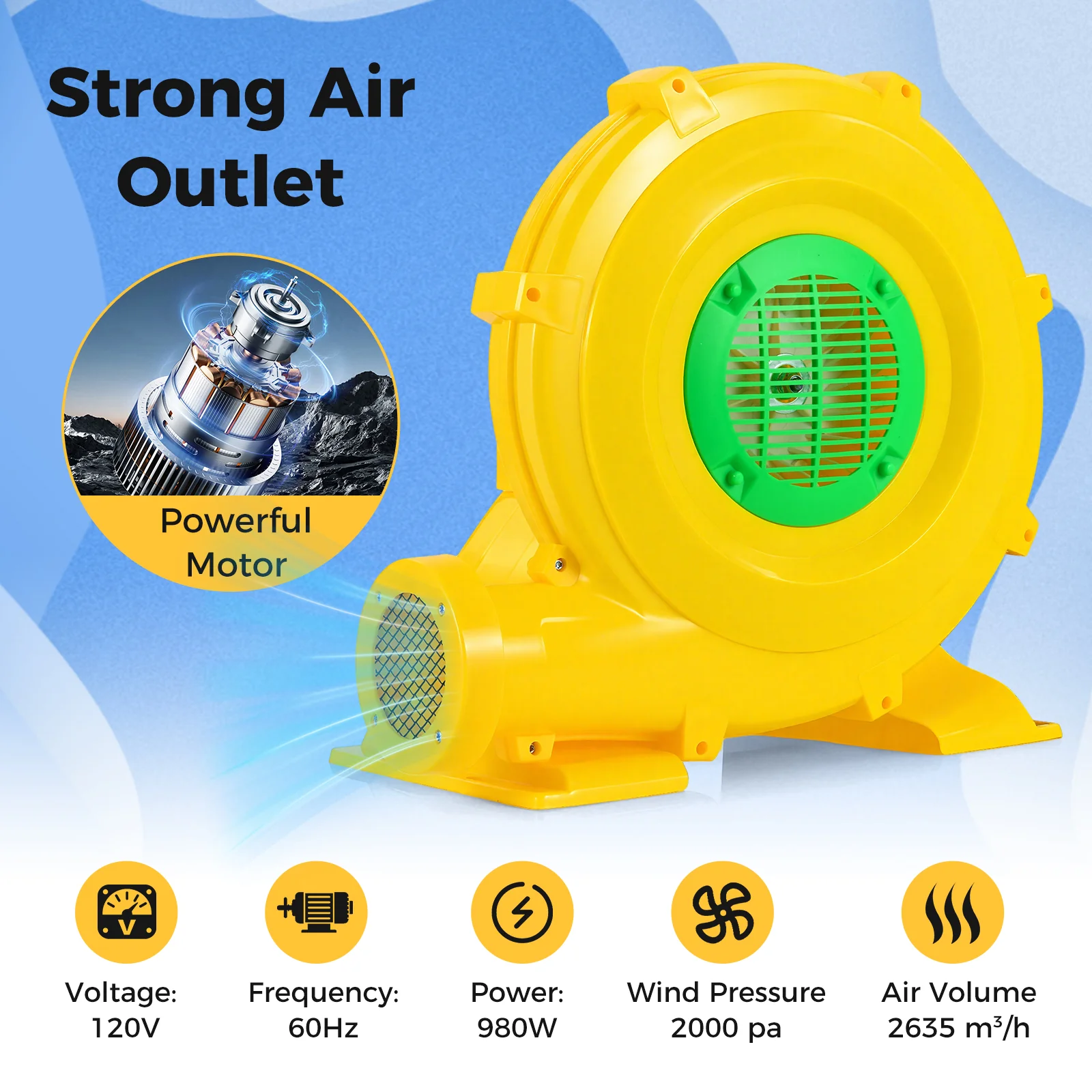 980W Bounce House Blower 1.31 HP Portable Air Pump Fan with Handle and Ground Stakes - Image 6