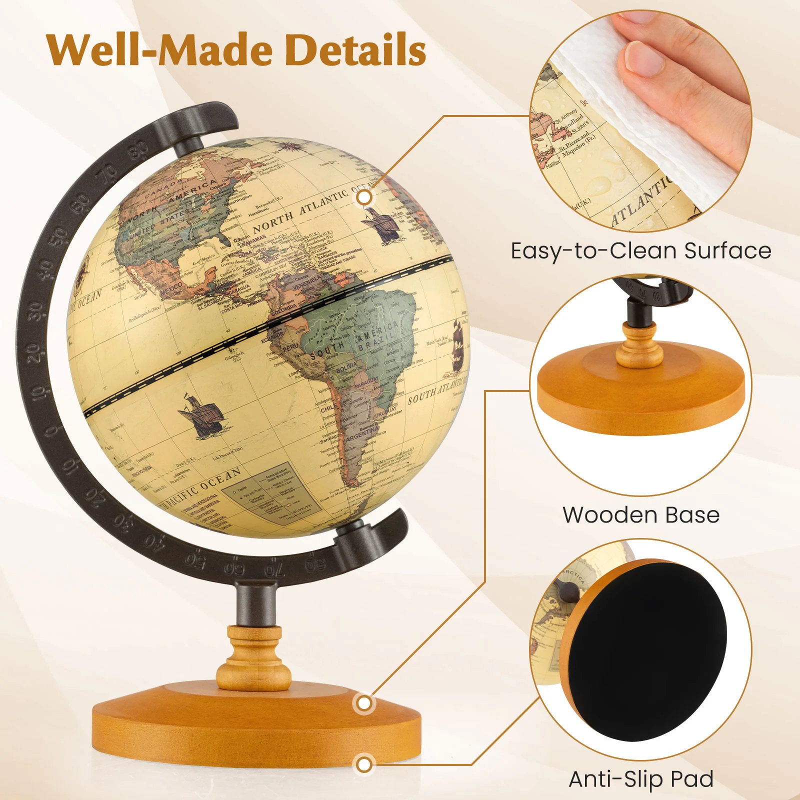 Antique Globe Dia 5.5 Inch Mini Rotating World Globe with Wooden Base-Brozen - Image 7