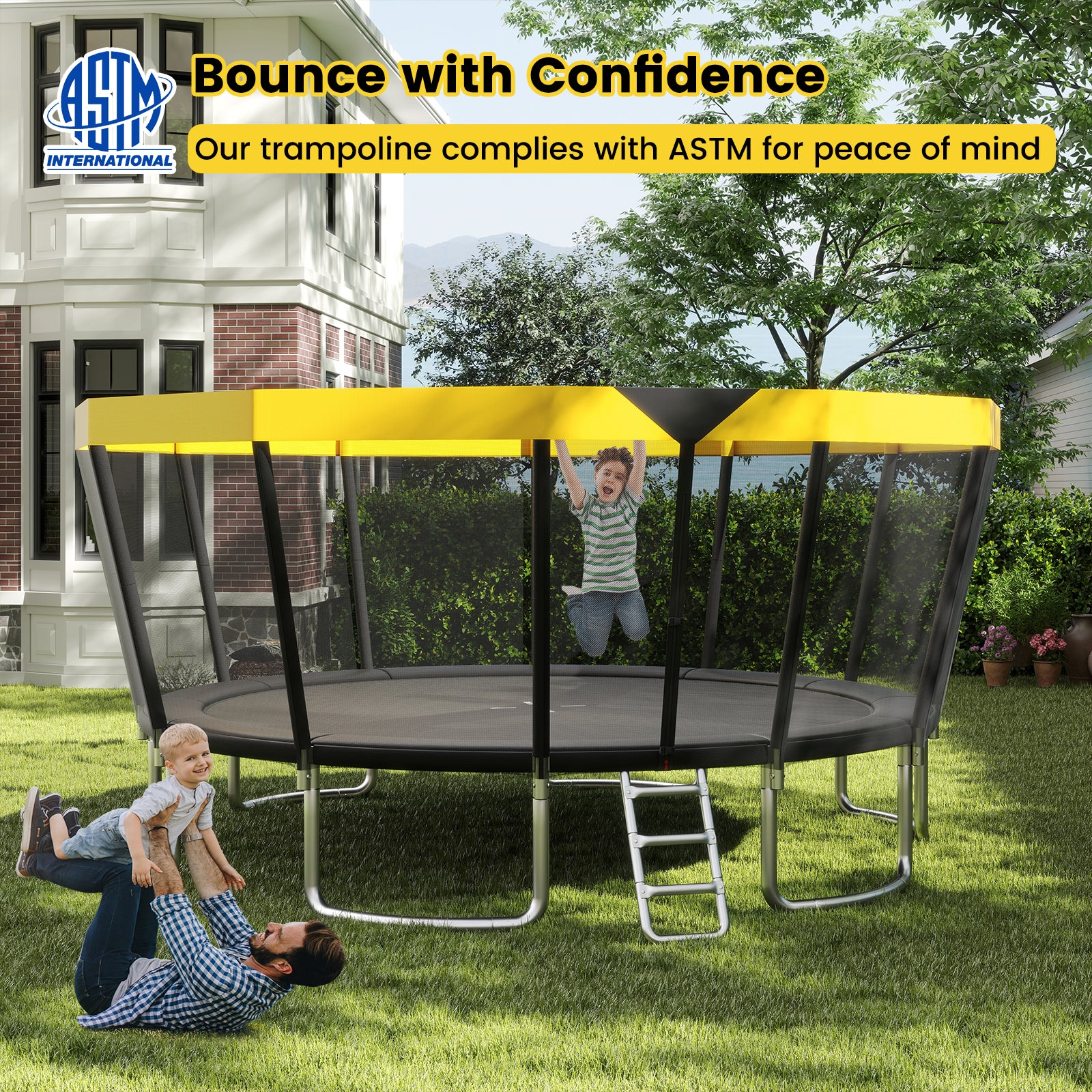 ASTM Compliant Recreational Trampoline with Non-Slip Ladder-Yellow - Image 6