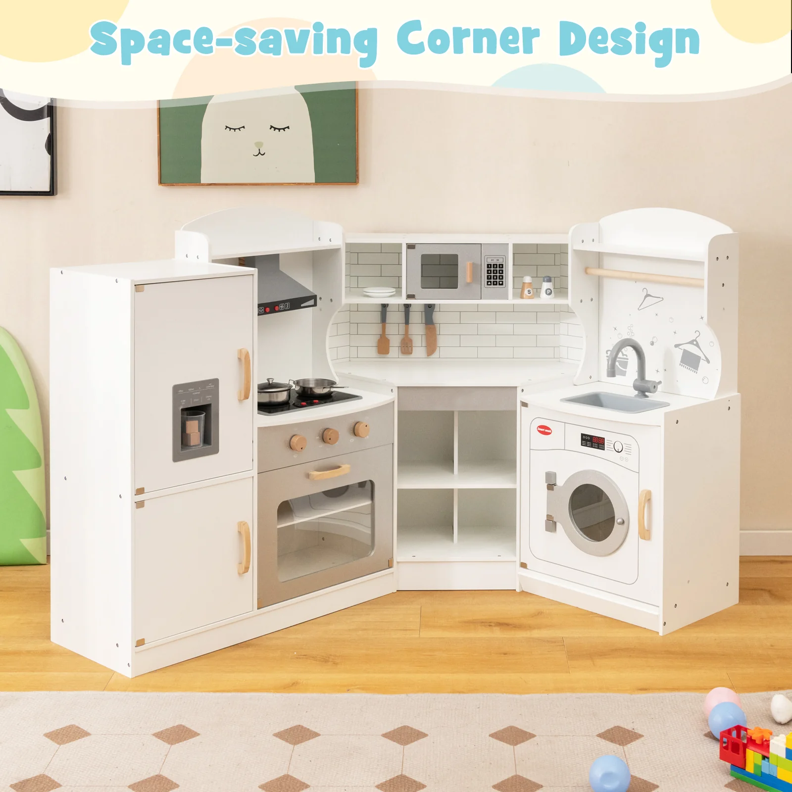 Corner Kids Play Kitchen with Washing Machine and Ice Maker Gift for Boys Girls - Image 2