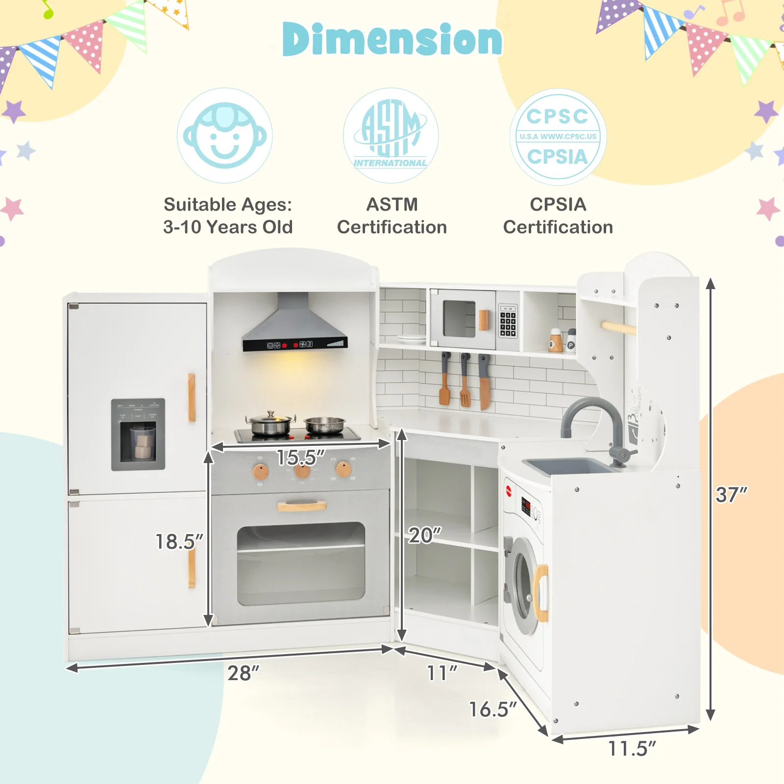 Corner Kids Play Kitchen with Washing Machine and Ice Maker Gift for Boys Girls - Image 5