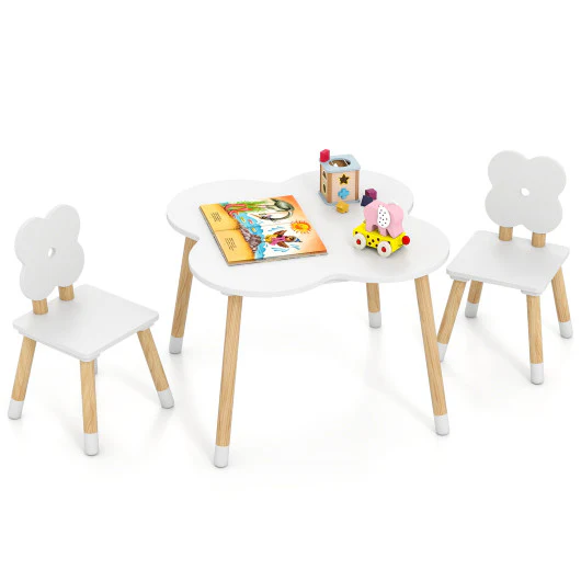 Flower-shaped Kids Table Set with Solid Pine Wood Legs-White - Image 3
