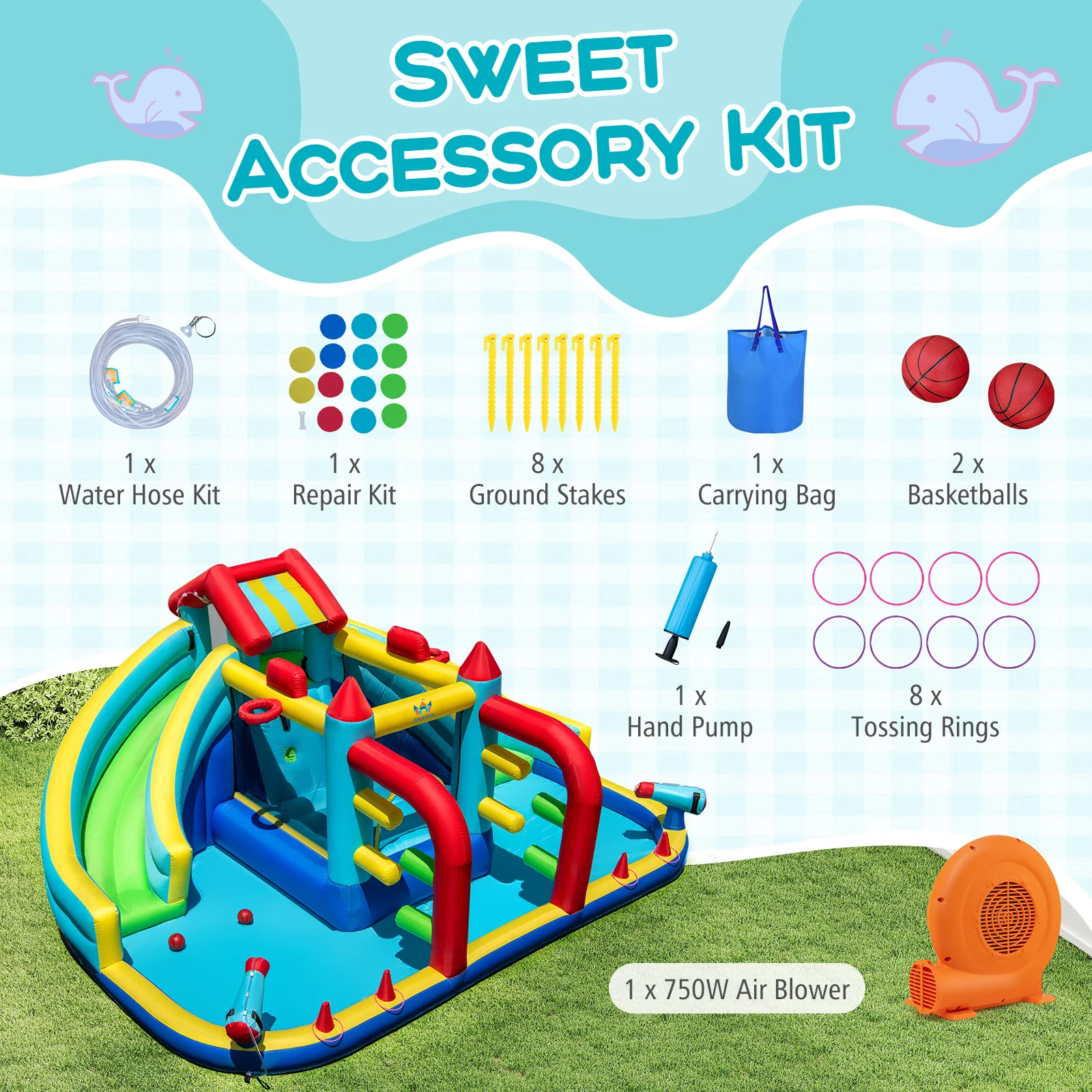 Inflatable Double Water Slide Park with 750W Blower and Obstacle Course - Image 5