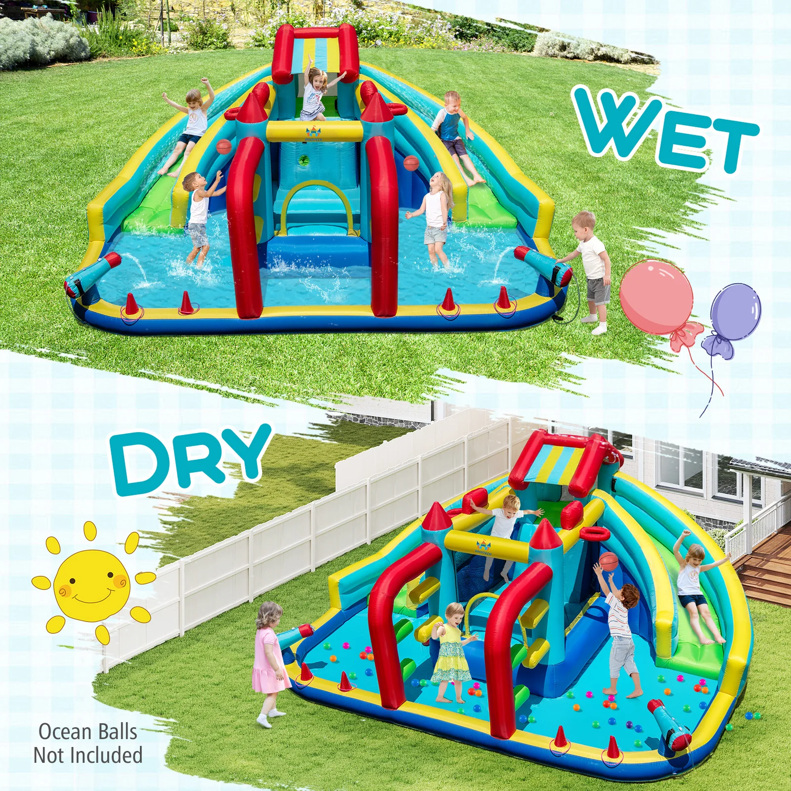 Inflatable Double Water Slide Park with 750W Blower and Obstacle Course - Image 8