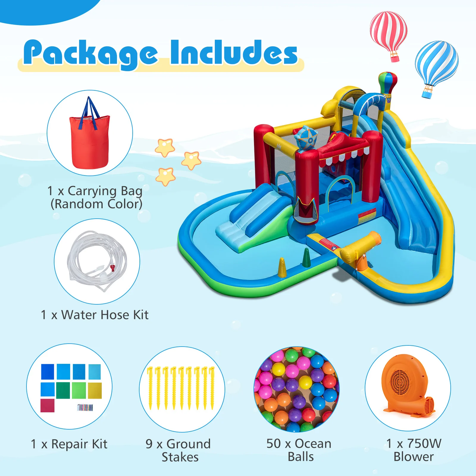 Inflatable Water Park with Splash Pool 50 Ocean Balls and 750W Blower - Image 5
