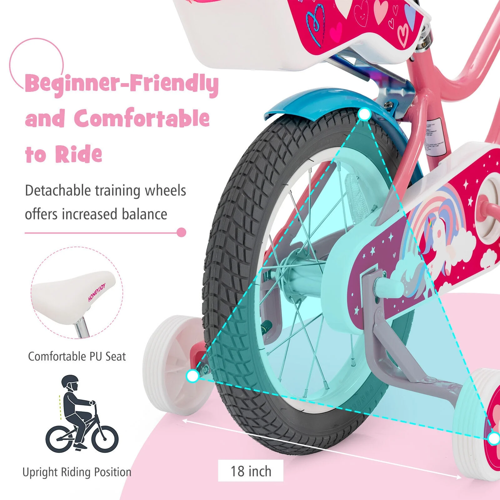 Kids Bicycle with Training Wheels and Basket for Boys and Girls Age 3-9 Years - Image 7
