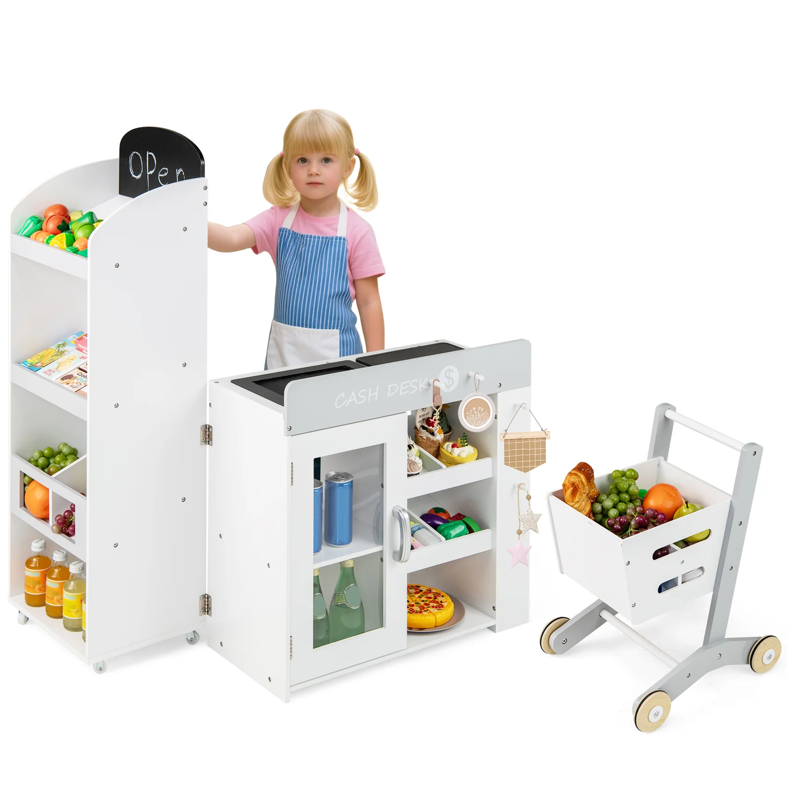 Kids Grocery Store Playset Convertible Wooden Play Store with Shopping Cart-White - Image 2