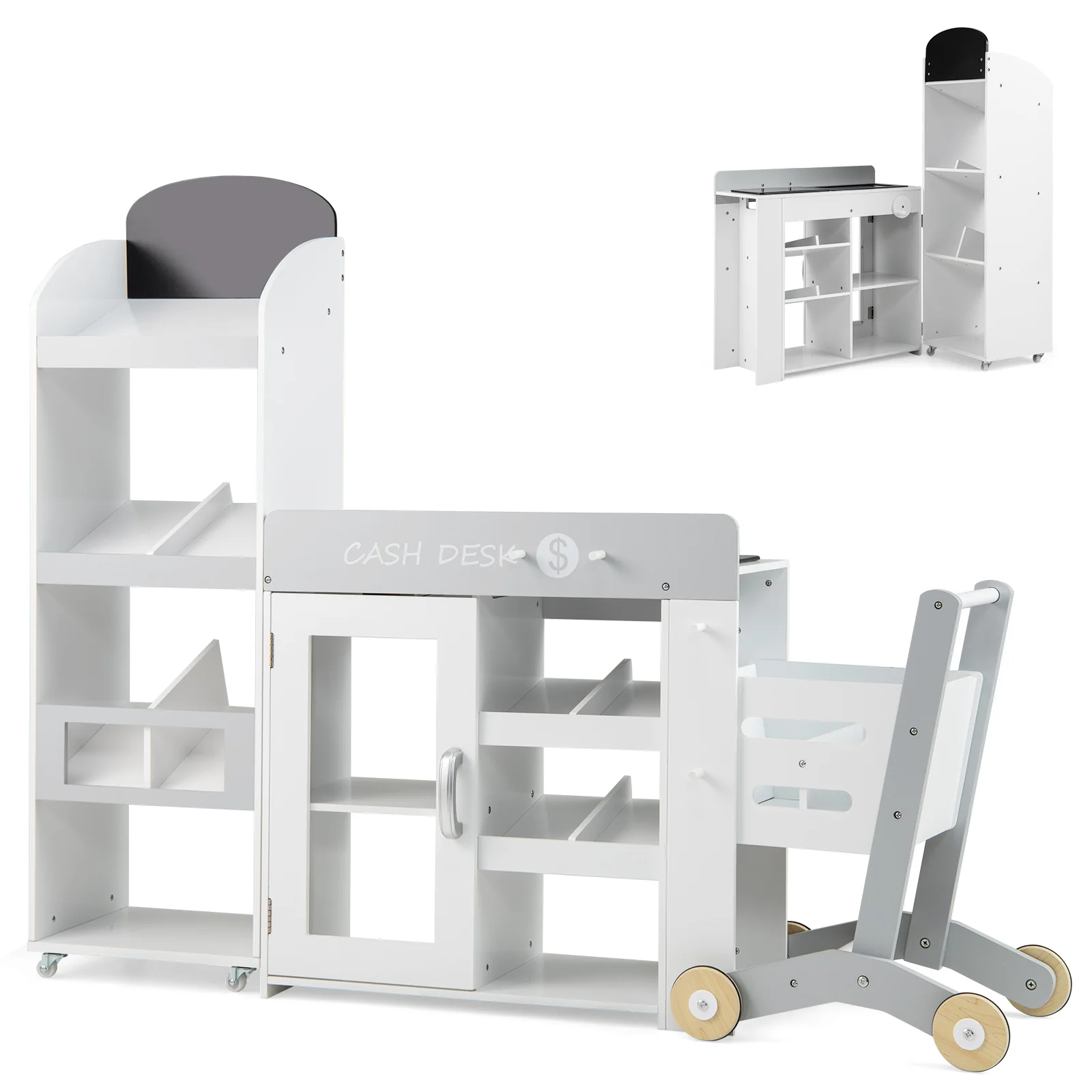 Kids Grocery Store Playset Convertible Wooden Play Store with Shopping Cart-White - Image 3