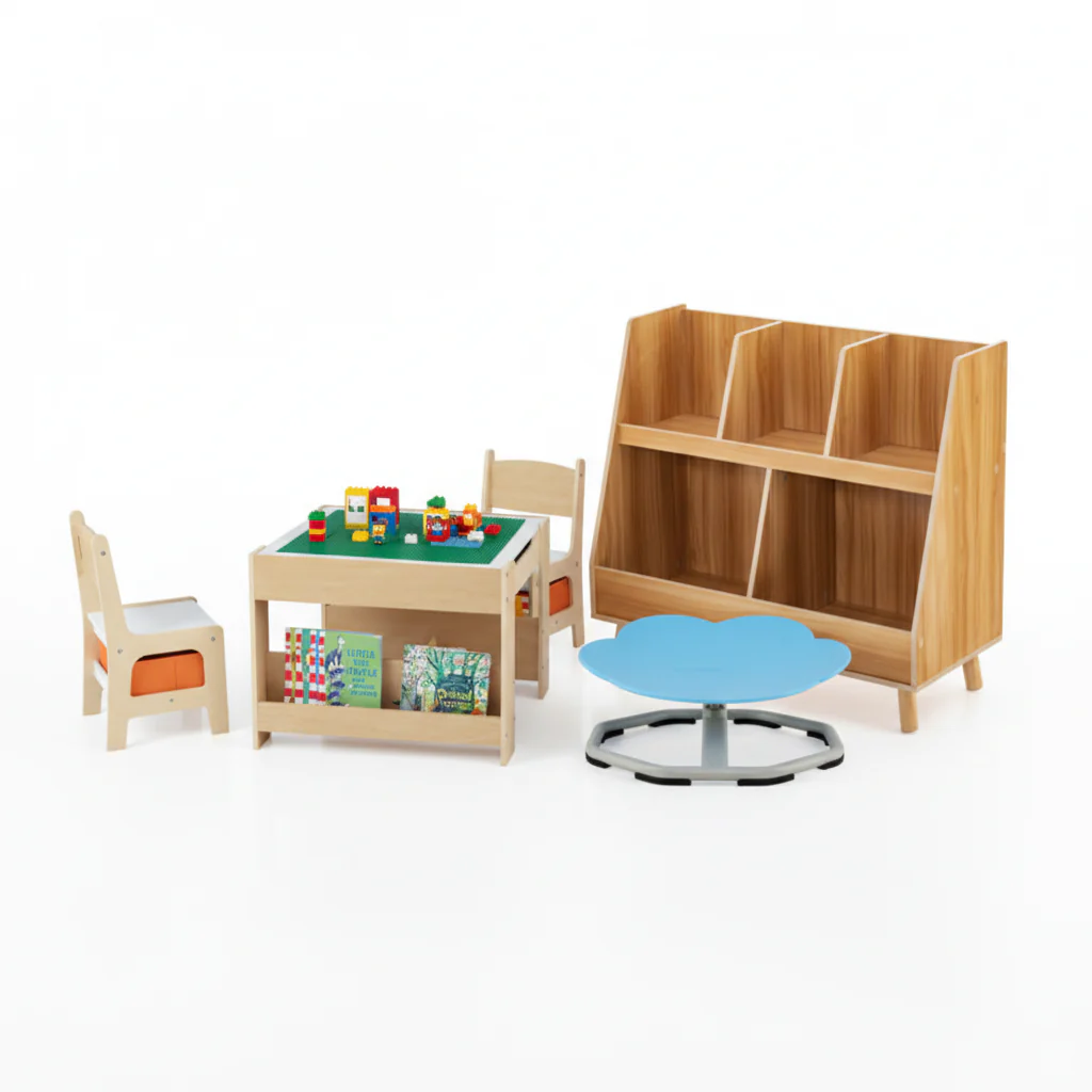 Kids Learning & Play Essentials Bundle â Bookshelf + 4-in-1 Activity Table Set + 360° Swivel Chair - Image 3