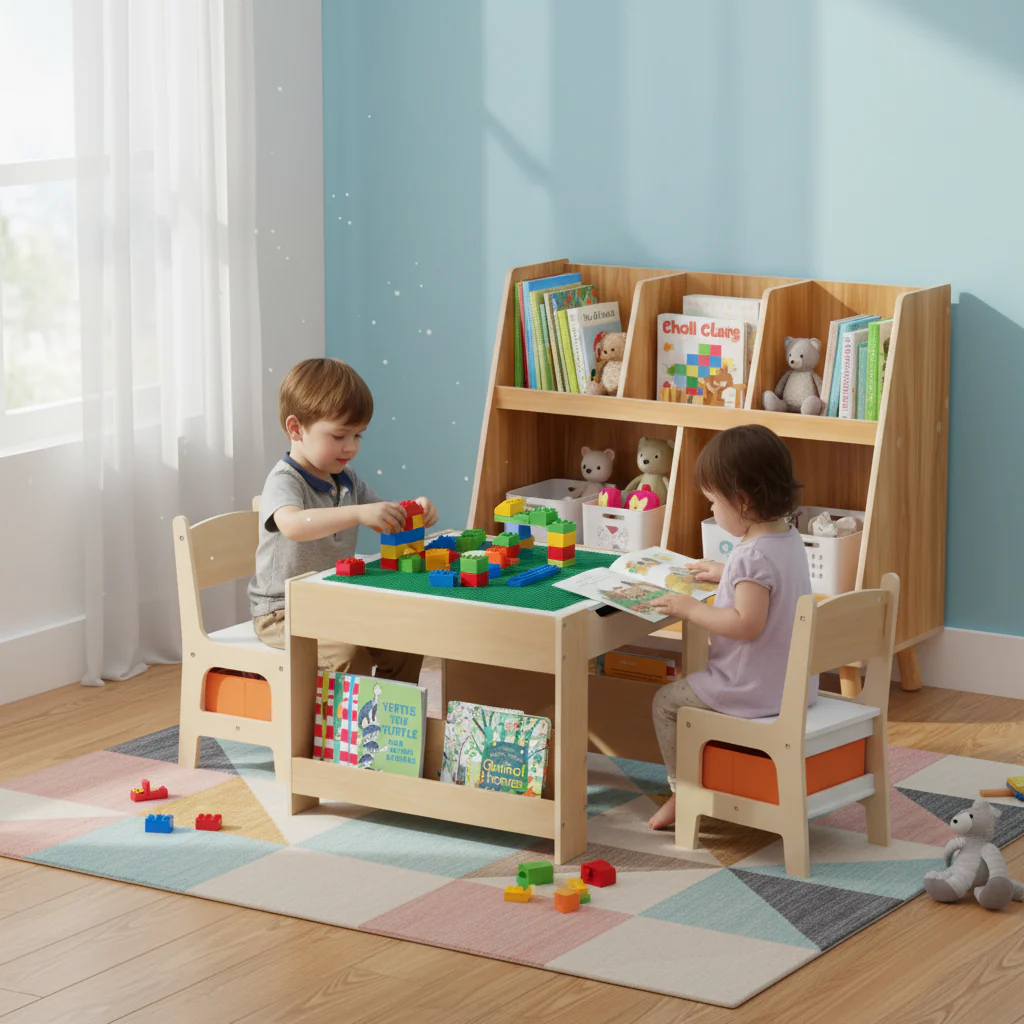 Kids Learning & Play Essentials Bundle â Bookshelf + 4-in-1 Activity Table Set + 360° Swivel Chair - Image 4