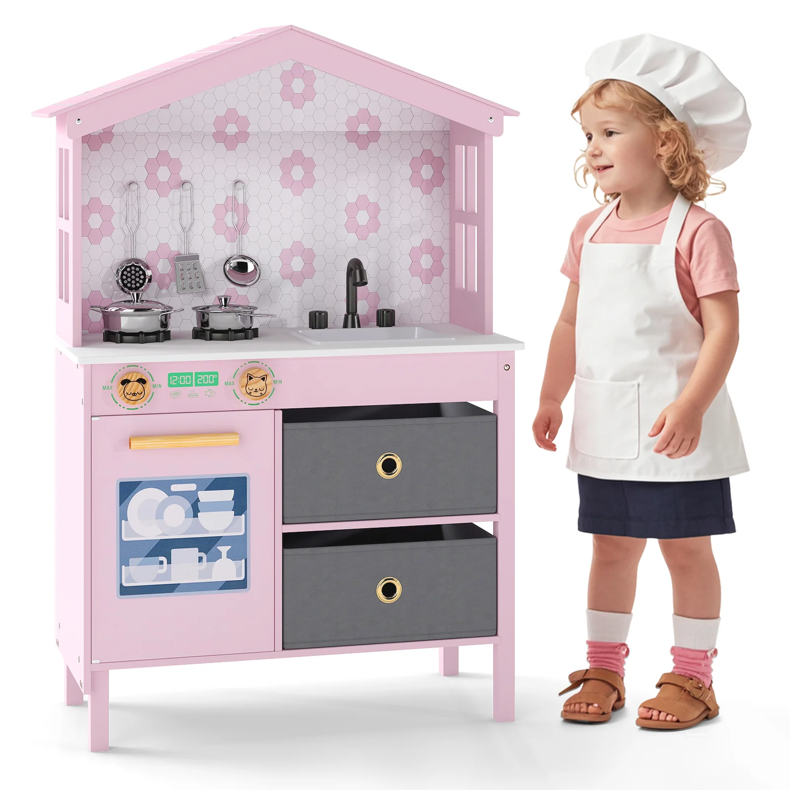 Kids Play Kitchen Children Toy Kitchen Playset with 2 Stoves and Rotation Knobs - Image 4